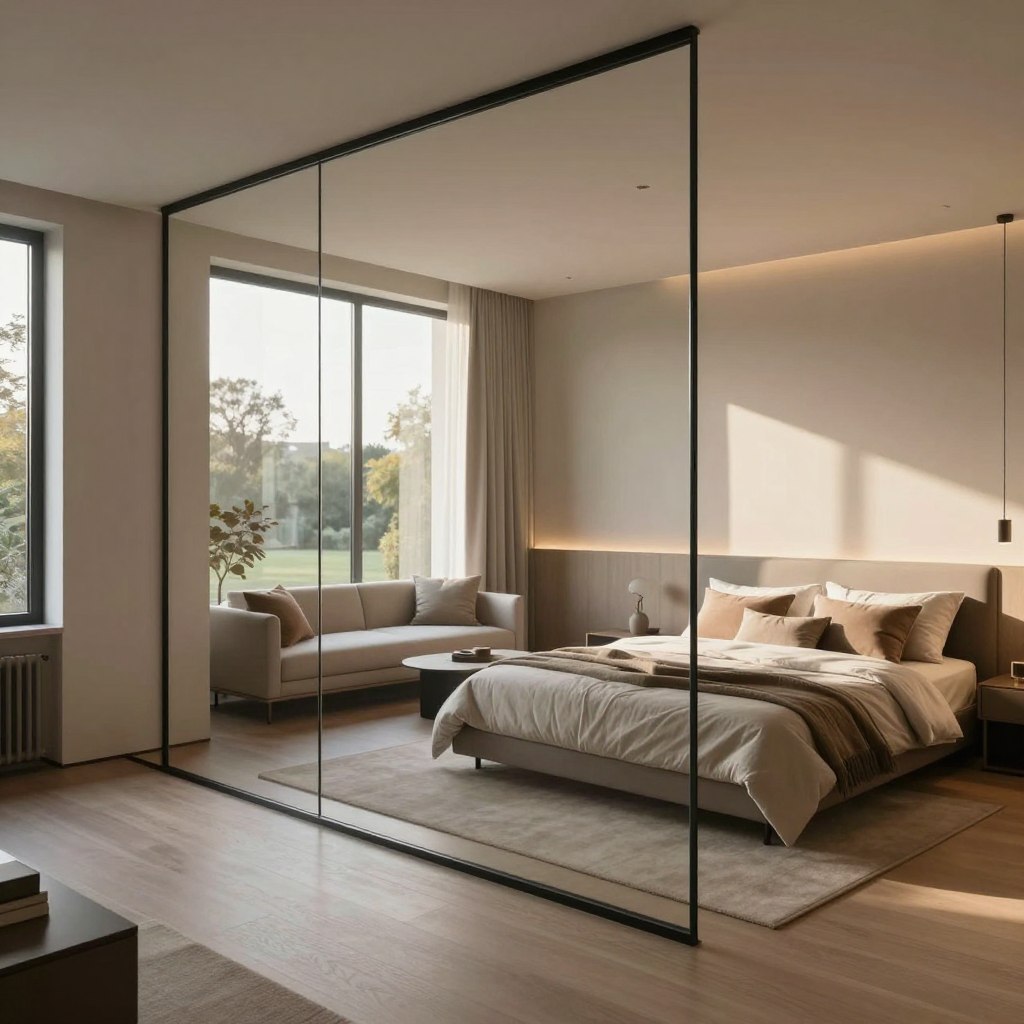 A modern bedroom interior featuring a sleek glass partition that elegantly separates a sleeping area from a sitting area. In the foreground, a plush bed adorned with neutral-toned bedding and decorative cushions sits against a wall, bathed in soft, natural light filtering through the glass. The middle section showcases a contemporary sitting area with minimalist furniture—perhaps a stylish sofa and a small coffee table—complimented by tasteful decor. In the background, large windows open to a serene outdoor view, enhancing the airy atmosphere. The overall mood is calm and inviting, with a focus on clean lines and contemporary design elements. The lighting is warm and soft, creating a tranquil ambiance ideal for relaxation. The angle captures the space's openness, emphasizing the functionality and aesthetic appeal of glass partitions in modern interiors.