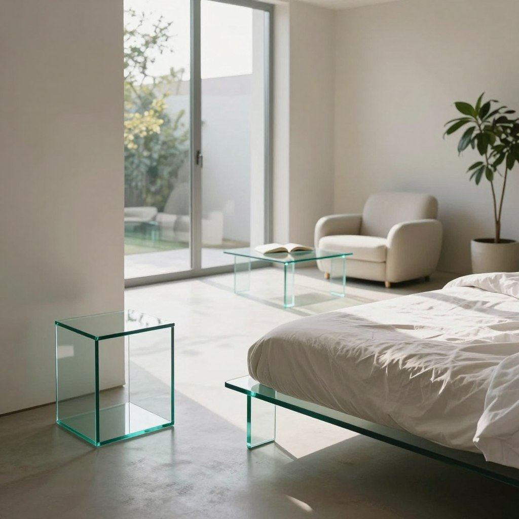 A modern bedroom interior featuring elegant glass elements, showcasing a sleek and airy aesthetic. In the foreground, a stylish bed with a minimalist headboard is adorned with soft, light-colored bedding. To one side, a contemporary glass nightstand reflects natural light, enhancing the sense of openness. In the middle, a large glass window allows abundant daylight to pour in, illuminating the room and casting soft shadows. A cozy reading nook with a glass coffee table and plush armchair invites relaxation. The background displays a subtle, neutral-colored wall, complemented by indoor plants that add a touch of vitality. The atmosphere is calm and serene, with a focus on tranquility. Shot in soft, diffused lighting, from a slightly elevated angle to capture the spaciousness and clean lines of the design.