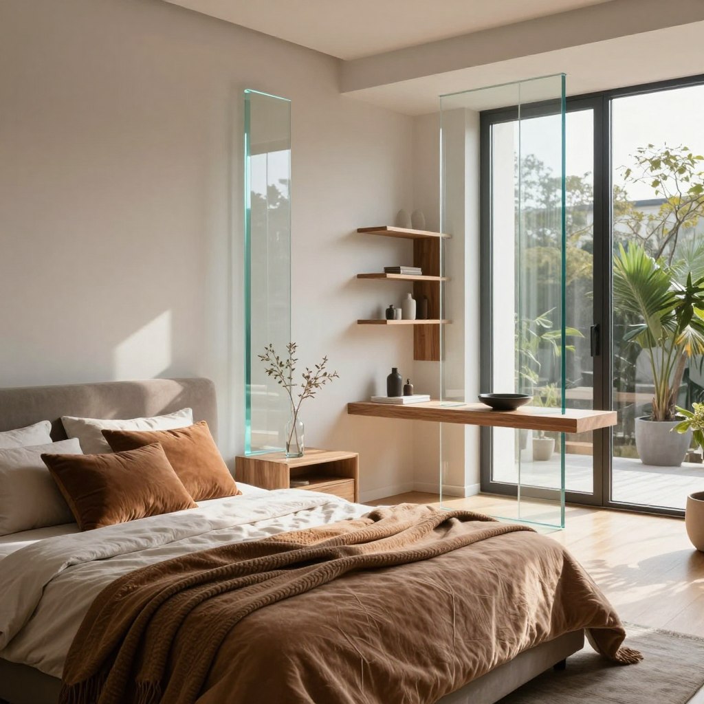 A modern bedroom interior featuring glass decor elements, emphasizing sleek lines and transparency. The foreground includes a cozy bed adorned with warm, textured textiles like soft blankets and plush throw pillows in earthy tones. The middle layer showcases elegant wood accents, such as a stylish nightstand and decorative shelving. Natural light streams through large glass windows, creating a bright and airy atmosphere. The background reveals a minimalistic design with wooden flooring and potted greenery, enhancing the room's warmth. The overall mood is serene and inviting, with a focus on harmony between glass, textiles, and wood. Captured with a wide-angle lens to embrace the spaciousness and elegant textures, casting soft shadows that create depth.