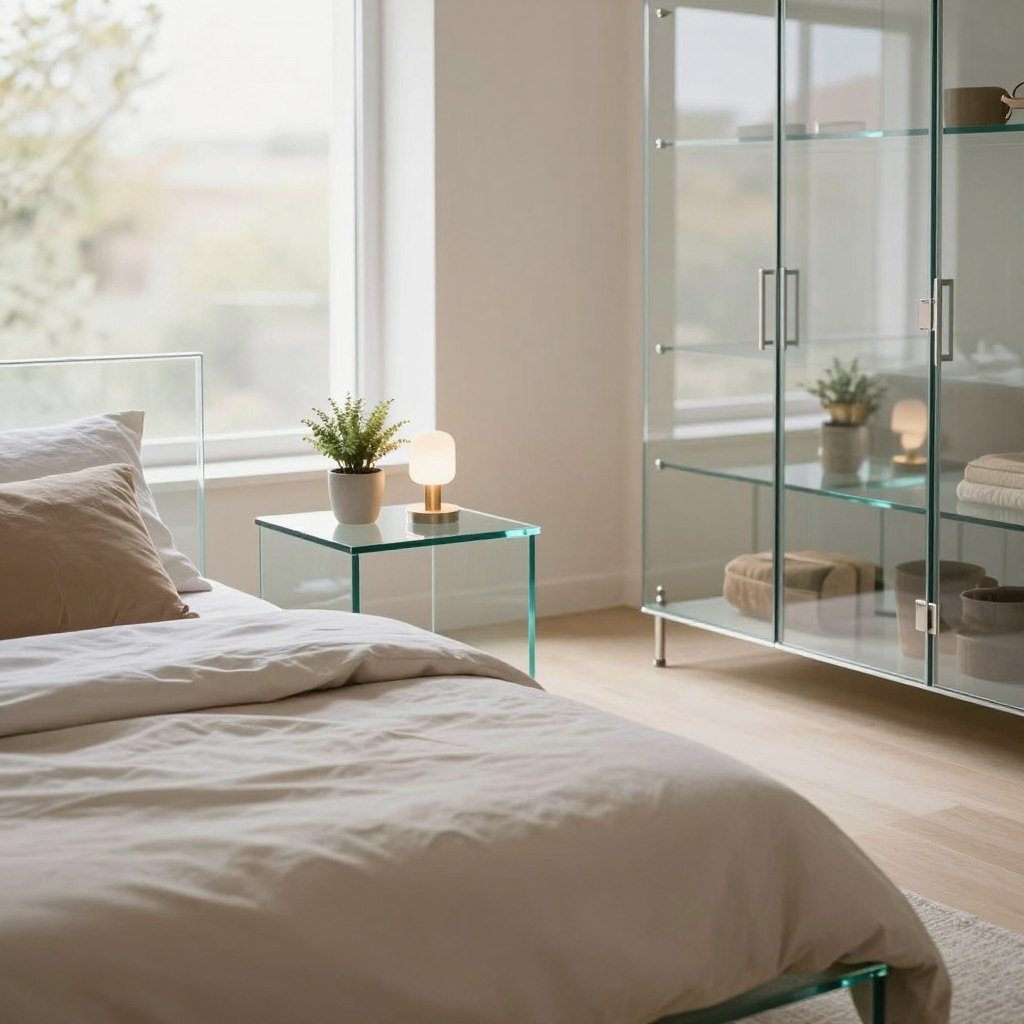A modern bedroom scene featuring sleek glass furniture, including a minimalist glass bedframe, a contemporary glass side table, and an elegant glass wardrobe. The foreground showcases a softly made bed with a light-colored duvet, accented by plush, neutral-toned pillows. In the middle ground, the glass side table holds a small, decorative plant and a stylish lamp, creating a cozy atmosphere. The background reveals a large window that lets in natural light, illuminating the room and casting gentle reflections off the glass surfaces. Use a warm color palette to evoke a serene and airy mood, employing a slight depth of field and soft focus to enhance the overall elegance. The room should appear uncluttered and inviting, embodying a spacious and modern aesthetic.