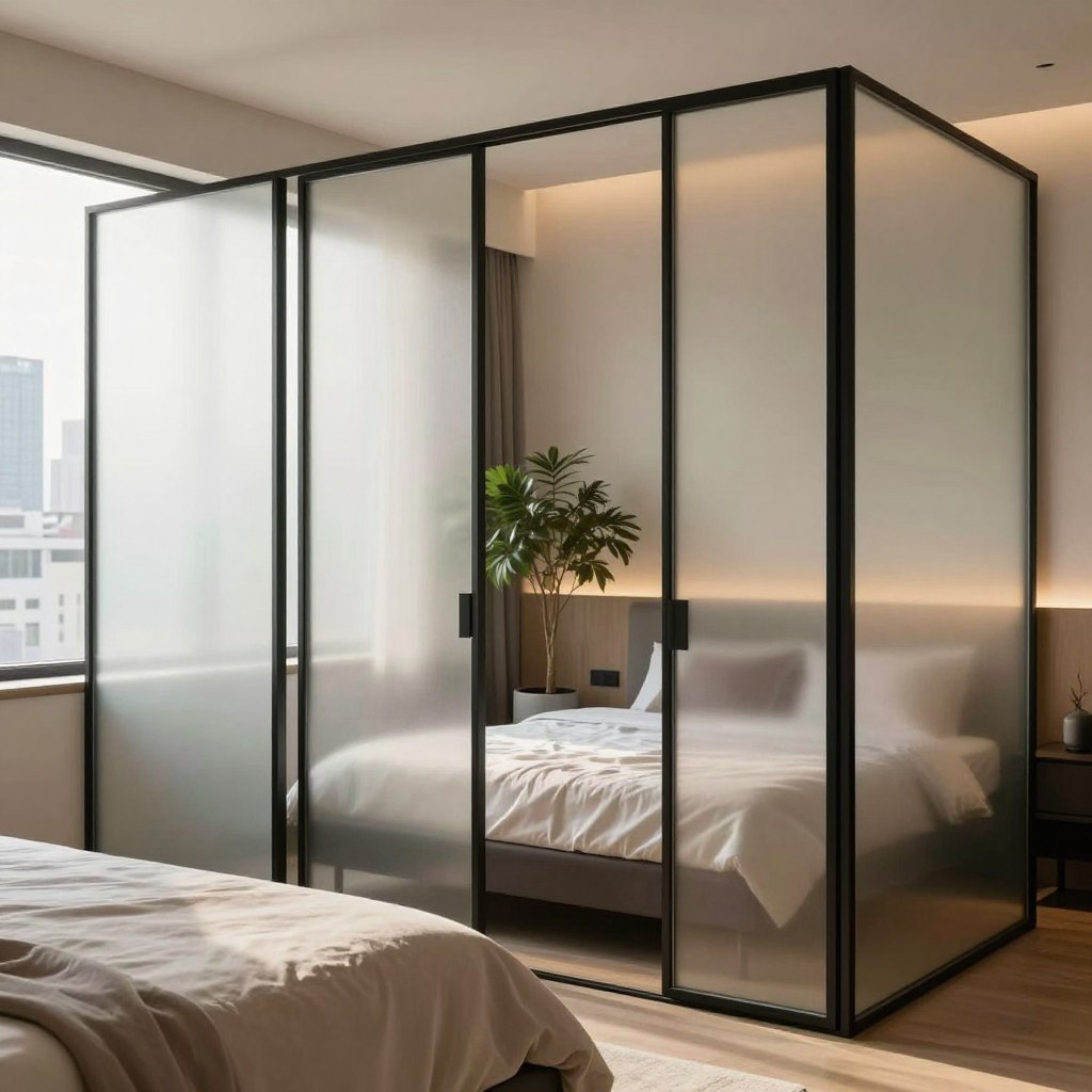 A modern bedroom scene featuring stylish glass dividers for privacy, designed with sleek, frosted glass panels bordered by minimalist black frames. In the foreground, a soft, plush bed with elegant linens sits adjacent to the glass dividers. The middle section showcases the dividers separating the sleeping area from a cozy reading nook, equipped with contemporary furniture and a tasteful indoor plant. Natural light pours in through large windows, creating a warm and inviting atmosphere. The background includes a softly blurred cityscape, enhancing the modern urban feel. The mood is serene and sophisticated, inviting relaxation and privacy within a stylish environment. Soft lighting emphasizes the textures and reflections of the glass, providing a harmonious balance of elegance and functionality.