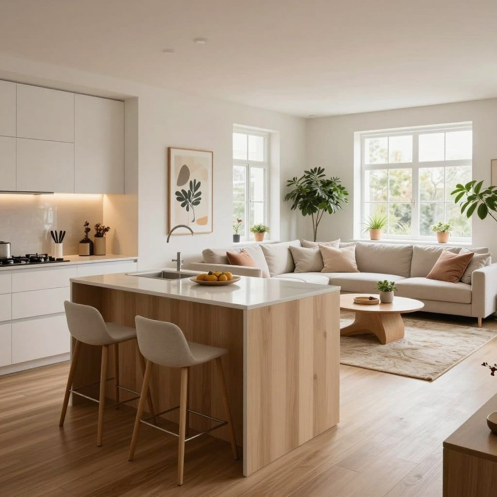 A modern, cohesive open-plan kitchen and living room design showcasing a harmonious blend of style and functionality. In the foreground, a sleek kitchen island with minimalist bar stools is paired with soft, natural wood tones and polished white cabinetry. The middle area features a cozy living space with a comfortable sofa adorned with pastel throw pillows, and a stylish coffee table atop a textured rug. In the background, large windows invite ample natural light, showcasing tasteful indoor plants and contemporary wall art that enhances the warm, inviting atmosphere. The lighting is soft and ambient, evoking a sense of tranquility. Capture this space from a slightly elevated angle to emphasize the seamless flow between the kitchen and living room, ensuring the mood is stylish yet approachable.