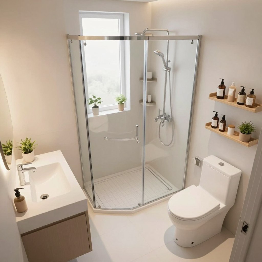 A modern compact bathroom layout showcasing innovative design solutions for small spaces. In the foreground, include a space-saving vanity with under-sink storage and a stylish mirror that makes the room feel larger. The middle showcases a sleek shower with glass doors, strategically placed next to a toilet with a compact design. Utilize wall-mounted shelves for toiletries. In the background, soft, ambient lighting illuminates the space, enhancing the neutral color palette of whites and pastels. Add a small window allowing natural light to filter in, and a few small plants for a touch of greenery. The overall mood is calm and inviting, ideal for maximizing functionality without sacrificing aesthetic appeal. Use a slightly elevated angle to capture the full layout, emphasizing the clever use of space.