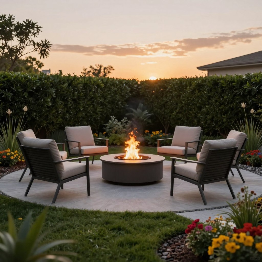 A modern fire pit conversation circle surrounded by stylish landscaping, featuring a circular arrangement of sleek, comfortable outdoor chairs in neutral tones. The fire pit, a contemporary design with a smooth stone finish, is centrally placed, emanating a warm, inviting glow. In the foreground, lush green grass and vibrant flowering plants create a tranquil atmosphere. The middle ground shows decorative pebbles and small shrubs, enhancing the cozy vibe. The background includes tall privacy hedges and a soft sunset sky, casting a golden hue over the scene. The image captures a serene and welcoming ambiance, perfect for family gatherings. The lighting is warm and soft, with a slight bokeh effect to emphasize the foreground elements.