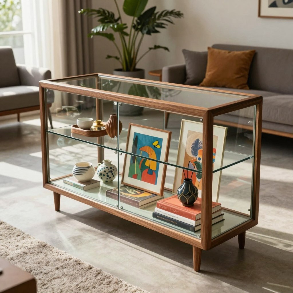 A modern glass display cabinet featuring a striking mid-century design with a rich walnut wood frame. The cabinet has sleek, minimalist lines, showcasing crystal-clear glass panels that elegantly highlight the contents within. The foreground includes the cabinet filled with vibrant art pieces, decorative ceramics, and carefully arranged books. Soft, diffused daylight streams in from a nearby window, casting gentle shadows and creating a warm, inviting atmosphere. The middle background showcases a stylish living room with contemporary furniture, adorned with a plush area rug and lush houseplants, enhancing the serene mood. Capture the image from a slightly elevated angle to convey depth, emphasizing the cabinet as the focal point while blending seamlessly with the stylish decor surrounding it.