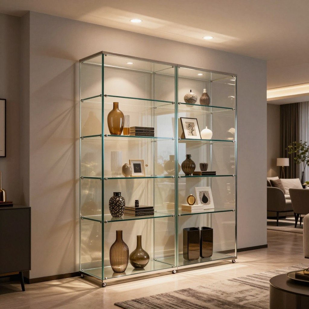 A modern glass showcase elegantly displayed in a contemporary living room setting, featuring sleek shelves filled with exquisite decorative items such as vases, art pieces, and collectibles. The glass doors reflect ambient light, creating a shimmering effect, while the soft, warm lighting from recessed ceiling fixtures adds a cozy atmosphere. The showcase sits against a minimalist backdrop of neutral-colored walls, complemented by a stylish area rug and contemporary furniture. The angle captures the piece from a slight elevation, emphasizing its height and transparency, inviting viewers to admire both the display and the inviting space around it. The overall mood is sophisticated and inviting, epitomizing modern design aesthetics.