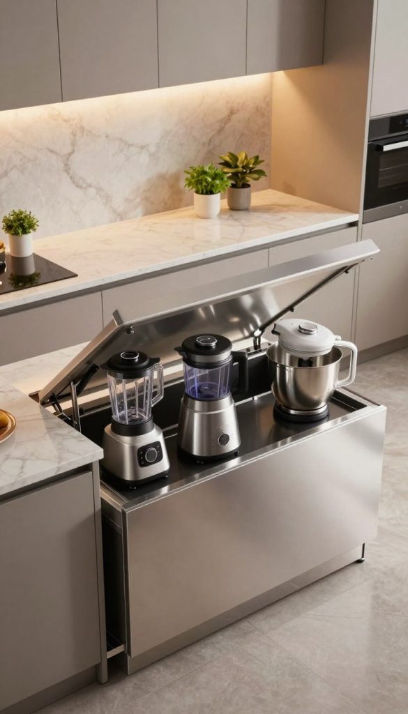 A modern kitchen featuring a sleek, pop-up countertop lift system elegantly concealing a set of high-end kitchen appliances like a blender, food processor, and mixer. In the foreground, the lift is partially raised, showcasing the appliances, with polished stainless steel surfaces reflecting ambient light. The middle layer shows a stylish quartz countertop with minimalistic design elements, and a few green herbs in small pots to add a touch of color. The background displays contemporary cabinetry with soft, warm lighting that creates an inviting atmosphere. The scene is captured from a slight overhead angle, emphasizing the functionality and seamless integration of the pop-up system in a luxurious kitchen space, evoking a sense of modern sophistication and clever design. A modern kitchen featuring a sleek, pop-up countertop lift system elegantly concealing a set of high-end kitchen appliances like a blender, food processor, and mixer. In the foreground, the lift is partially raised, showcasing the appliances, with polished stainless steel surfaces reflecting ambient light. The middle layer shows a stylish quartz countertop with minimalistic design elements, and a few green herbs in small pots to add a touch of color. The background displays contemporary cabinetry with soft, warm lighting that creates an inviting atmosphere. The scene is captured from a slight overhead angle, emphasizing the functionality and seamless integration of the pop-up system in a luxurious kitchen space, evoking a sense of modern sophistication and clever design.