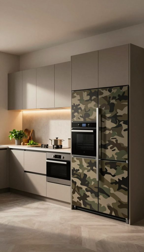 A modern kitchen featuring custom cabinet panels seamlessly integrated with camouflaged kitchen appliances. In the foreground, sleek cabinet doors exhibit patterns that blend in with the overall cabinetry, designed to conceal a refrigerator, oven, and dishwasher. The middle section highlights a stylish countertop adorned with fresh herbs and kitchen tools, enhancing the sense of functionality without revealing the appliances. The background showcases soft, ambient lighting that casts gentle shadows across the space, creating a warm and inviting atmosphere. The angle captures a slight bird's-eye view, emphasizing the harmony between the appliances and cabinetry. The overall mood is modern and sophisticated, ideal for minimalist design enthusiasts seeking innovative ways to conceal everyday kitchen essentials. A modern kitchen featuring custom cabinet panels seamlessly integrated with camouflaged kitchen appliances. In the foreground, sleek cabinet doors exhibit patterns that blend in with the overall cabinetry, designed to conceal a refrigerator, oven, and dishwasher. The middle section highlights a stylish countertop adorned with fresh herbs and kitchen tools, enhancing the sense of functionality without revealing the appliances. The background showcases soft, ambient lighting that casts gentle shadows across the space, creating a warm and inviting atmosphere. The angle captures a slight bird's-eye view, emphasizing the harmony between the appliances and cabinetry. The overall mood is modern and sophisticated, ideal for minimalist design enthusiasts seeking innovative ways to conceal everyday kitchen essentials.