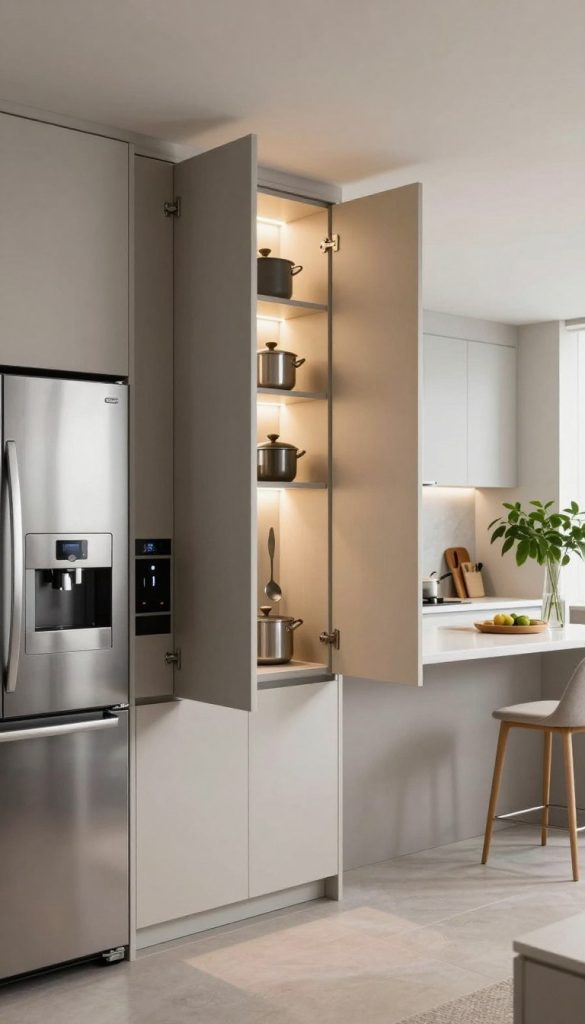 A modern kitchen featuring discreetly concealed appliances behind elegant pocket doors. In the foreground, sleek stainless-steel appliances such as a refrigerator and coffee machine are seamlessly integrated into cabinetry. The middle layer showcases open pocket doors, revealing neatly organized kitchen tools and pots, with a soft light illuminating them from within, creating a warm and inviting atmosphere. The background boasts a stylish kitchen island with a white quartz countertop, complemented by minimalist bar stools and lush green plants, adding a touch of freshness. Use soft, diffused lighting to highlight the design without harsh shadows. The angle should be slightly elevated, offering a comprehensive view of this contemporary kitchen layout, emphasizing the seamless blend of functionality and style. A modern kitchen featuring discreetly concealed appliances behind elegant pocket doors. In the foreground, sleek stainless-steel appliances such as a refrigerator and coffee machine are seamlessly integrated into cabinetry. The middle layer showcases open pocket doors, revealing neatly organized kitchen tools and pots, with a soft light illuminating them from within, creating a warm and inviting atmosphere. The background boasts a stylish kitchen island with a white quartz countertop, complemented by minimalist bar stools and lush green plants, adding a touch of freshness. Use soft, diffused lighting to highlight the design without harsh shadows. The angle should be slightly elevated, offering a comprehensive view of this contemporary kitchen layout, emphasizing the seamless blend of functionality and style.
