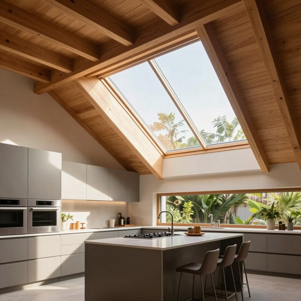 A modern kitchen featuring pitched roof skylights that open up the space to natural light. The foreground includes sleek cabinetry with a minimalist design, showcasing stainless steel appliances and a central island with bar stools, elegantly arranged. In the middle, the skylights are prominent, with sunlight streaming through, creating a warm glow that highlights the textures of the wooden beams and ceiling. The background displays lush greenery visible through the skylights, enhancing the connection to the outdoors. Use a warm color palette to evoke a cozy yet modern atmosphere, with soft shadows that add depth. Capture the scene from an eye-level perspective with a wide-angle lens, emphasizing the openness of the design, and ensure the lighting is bright but diffused for a welcoming feel.