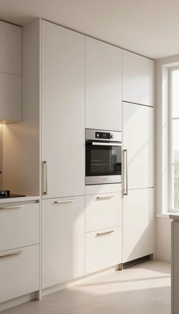 A modern kitchen showcasing concealed appliances seamlessly integrated into custom cabinetry. The foreground features sleek, minimalist cabinetry with a glossy finish in soft white, accented by brushed metal handles. In the middle, built-in appliances such as a refrigerator and oven are hidden behind cabinet doors, maintaining an uncluttered look. Light streams in from a large window in the background, creating a bright, airy atmosphere. The scene is captured from a slightly elevated angle to highlight the clean lines and contemporary design. Warm, natural lighting enhances the textures of the cabinetry, evoking a sense of sophistication and cleanliness. The overall mood is calm and elegant, emphasizing the benefits of a concealed kitchen layout. A modern kitchen showcasing concealed appliances seamlessly integrated into custom cabinetry. The foreground features sleek, minimalist cabinetry with a glossy finish in soft white, accented by brushed metal handles. In the middle, built-in appliances such as a refrigerator and oven are hidden behind cabinet doors, maintaining an uncluttered look. Light streams in from a large window in the background, creating a bright, airy atmosphere. The scene is captured from a slightly elevated angle to highlight the clean lines and contemporary design. Warm, natural lighting enhances the textures of the cabinetry, evoking a sense of sophistication and cleanliness. The overall mood is calm and elegant, emphasizing the benefits of a concealed kitchen layout.