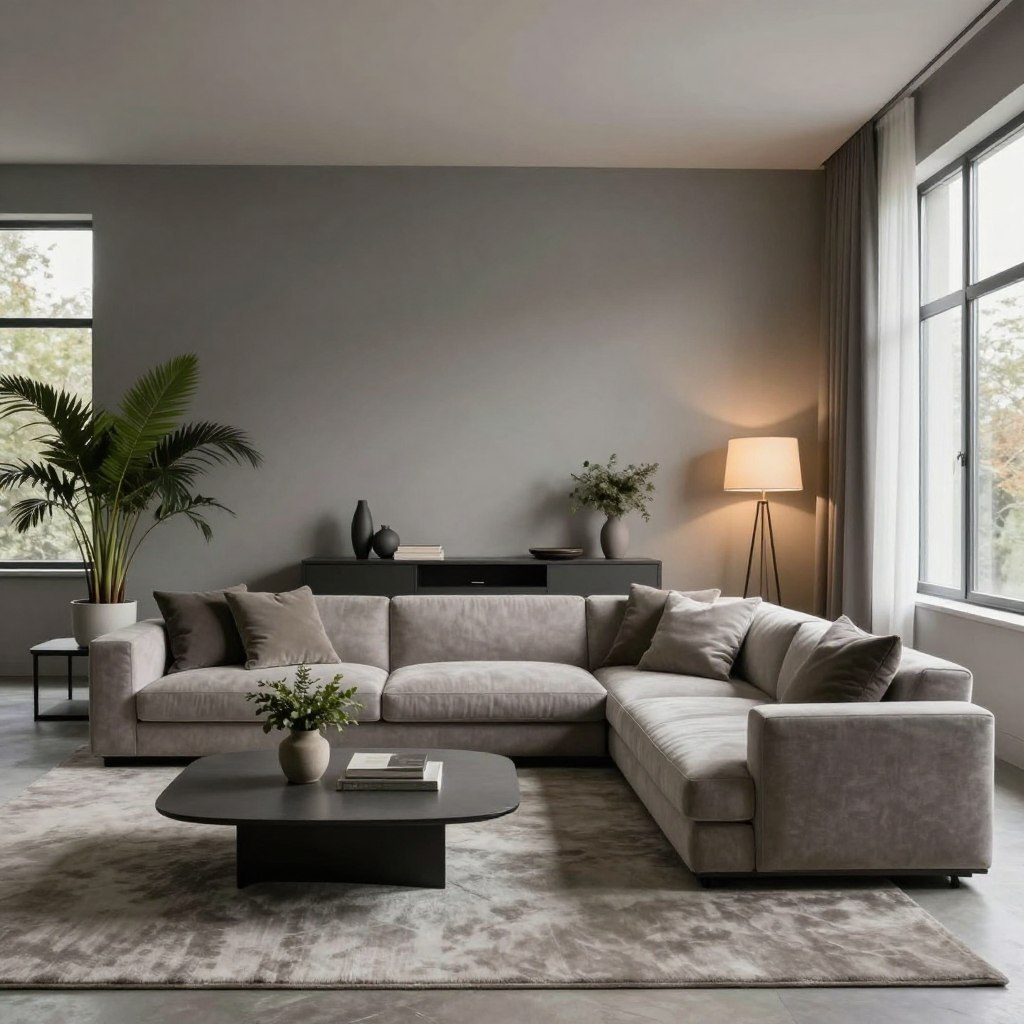 A modern living room designed in a sophisticated greige color scheme, featuring a plush L-shaped sectional sofa with soft, neutral cushions. In the foreground, a minimalist coffee table sits atop a textured area rug, while decorative plants in elegant pots add a touch of greenery. The middle ground showcases a stylish media console adorned with tasteful decor, contrasting the warm greige walls. In the background, large windows flood the space with natural light, highlighting a subtle interplay of shadows. The atmosphere is calm and inviting, enhanced by a warm, ambient glow from strategically placed floor lamps. Capture the scene with a wide-angle lens to emphasize spaciousness, evoking a sense of modern comfort and elegance.