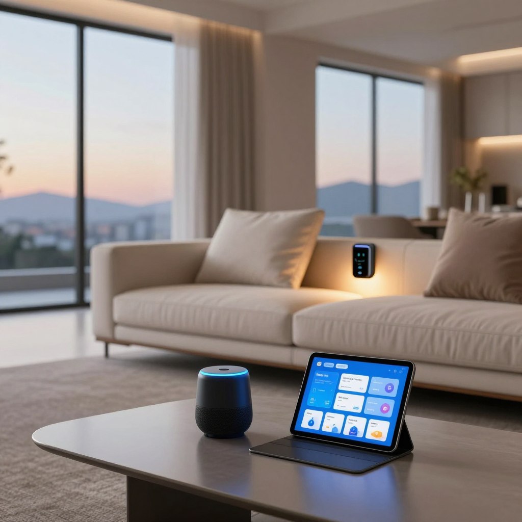 A modern living room showcasing invisible smart home technology seamlessly integrated into the decor. In the foreground, a sleek, minimalist coffee table holds a smart speaker and a tablet displaying a smart home app. The middle ground features a stylish sofa with built-in charging stations and smart lighting hidden within the furniture, emitting a soft, warm glow. In the background, large smart windows display dynamic scenery, adjusting brightness according to the time of day, creating an inviting atmosphere. The overall mood is sophisticated, with soft, natural lighting from the windows and a clean, airy design. The angle captures the essence of innovation in a contemporary home setting, with a focus on functionality and elegance.
