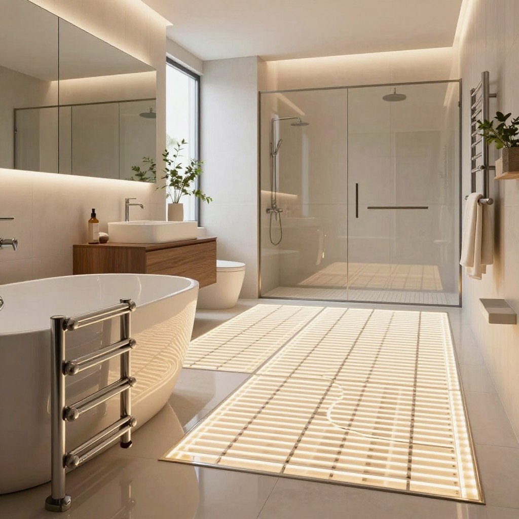 A modern open-concept bathroom featuring underfloor heating, with sleek, polished tiles emitting a soft, warm glow. The foreground showcases elegant towel warmers installed beside a freestanding bathtub, reflecting a minimalist design with clean lines. In the middle section, eye-catching bathroom fixtures like a stylish sink and a spacious shower area filled with glass panels create a sense of openness. The background depicts large windows allowing natural light to flood the space, enhancing the airy atmosphere. The color palette combines neutral tones with hints of greenery from potted plants, promoting tranquility. The scene is illuminated by warm LED lighting, creating a welcoming and relaxing mood. The perspective is at a slight angle to emphasize depth, showcasing the seamless combination of underfloor heating and towel warmers in this sophisticated layout. A modern open-concept bathroom featuring underfloor heating, with sleek, polished tiles emitting a soft, warm glow. The foreground showcases elegant towel warmers installed beside a freestanding bathtub, reflecting a minimalist design with clean lines. In the middle section, eye-catching bathroom fixtures like a stylish sink and a spacious shower area filled with glass panels create a sense of openness. The background depicts large windows allowing natural light to flood the space, enhancing the airy atmosphere. The color palette combines neutral tones with hints of greenery from potted plants, promoting tranquility. The scene is illuminated by warm LED lighting, creating a welcoming and relaxing mood. The perspective is at a slight angle to emphasize depth, showcasing the seamless combination of underfloor heating and towel warmers in this sophisticated layout.