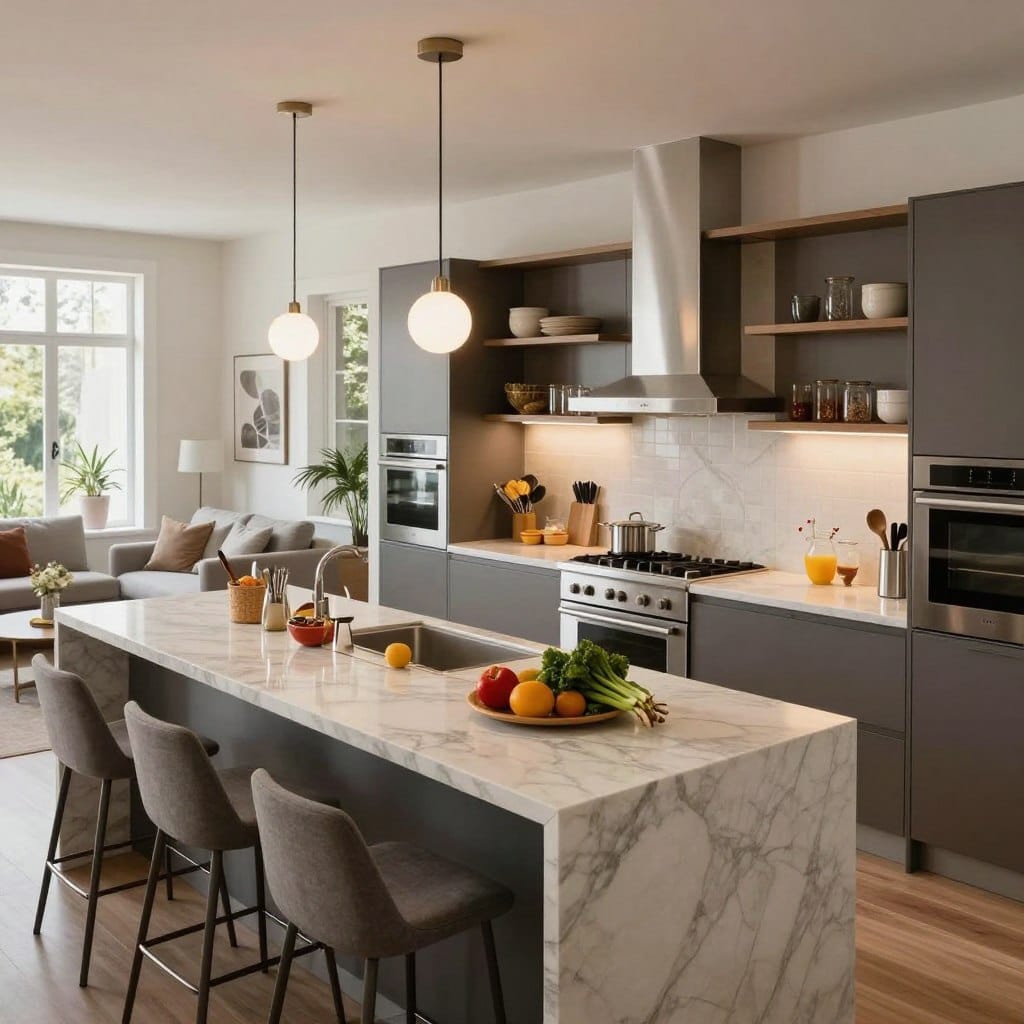 A modern open-concept galley kitchen, featuring an extensive central island designed for social cooking and entertaining. The foreground showcases a marble-topped island, complete with stylish bar stools, fresh ingredients, and utensils, inviting interaction. In the middle, a streamlined kitchen layout with sleek cabinetry, stainless steel appliances, and open shelving arranged harmoniously. The background reveals a cozy living space, accentuated by large windows allowing natural light to flood the area, creating a warm atmosphere. Soft pendant lighting hangs above the island, adding an inviting glow. Capture this scene from a slightly elevated angle to emphasize both the kitchen and the adjoining living space, fostering a sense of connectivity and modernity, suitable for gatherings and culinary creativity.