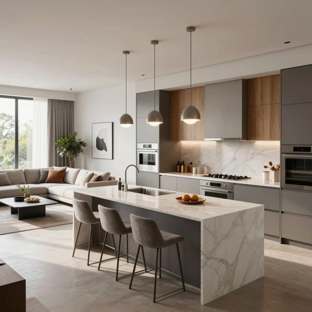 A modern open concept kitchen and living room layout, featuring a sleek island at the center. In the foreground, the island showcases a white marble countertop with stylish bar stools and elegant pendant lighting hanging above. The middle ground reveals a spacious kitchen equipped with high-end stainless steel appliances, custom cabinetry with a minimalist design, and a harmonious blend of colors like soft grays and warm woods. The living area includes a cozy sectional sofa adorned with plush cushions, a chic coffee table, and decorative accents, all bathed in natural light streaming through large windows. In the background, subtle indoor plants add a touch of greenery, enhancing the serene and inviting atmosphere of the space. Capture the image from a slightly elevated angle, focusing on the flow and connectivity of the layout.