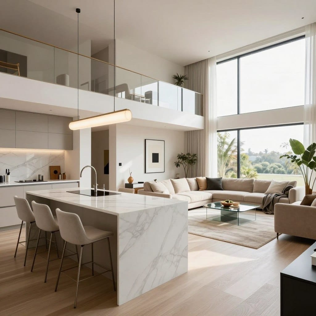 A modern open concept kitchen living room layout featuring a multi-level zoning design. In the foreground, a sleek kitchen island made of white marble with stylish bar stools and contemporary pendant lighting. The middle ground shows a spacious living area with plush, neutral-toned sofas, a glass coffee table, and a striking accent wall adorned with minimalist artwork. The background includes large floor-to-ceiling windows that let in natural light, highlighting indoor plants and a tasteful area rug. The mood is bright and inviting, with a warm color palette. Capture the scene using a wide-angle lens from a low angle to emphasize the airy feeling of the layout, showcasing a seamless flow between spaces. Focus on a clean, modern aesthetic without any people in the image.