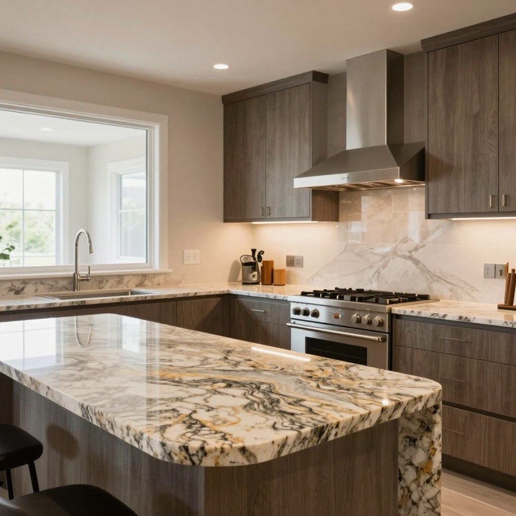 A modern open kitchen showcasing various durable materials and surfaces, emphasizing style and functionality. In the foreground, a sleek, curved kitchen island made of polished granite with vibrant veining catches the eye. The middle section features cabinetry with a textured wood finish, surrounded by stainless steel appliances reflecting ambient light. The background displays an expansive view of a bright, airy space with large windows allowing natural light to illuminate the kitchen. Soft, warm lighting creates an inviting atmosphere while highlighting the intricate details of the materials. The overall mood conveys elegance and durability, representing a perfect blend of design and practicality in open kitchen renovations.