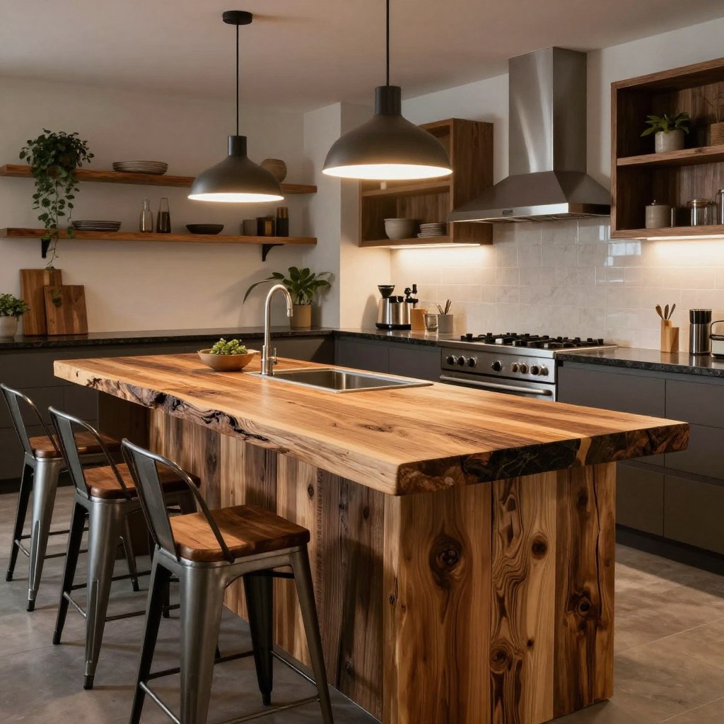 A modern rustic kitchen island made of reclaimed wood, showcasing rich textures and natural imperfections, sits at the center of a beautifully designed kitchen. The island features a rustic wooden countertop with a live edge, complemented by sleek dark granite surfaces that reflect light. In the foreground, elegant pendant lights cast a warm glow, highlighting the inviting atmosphere. In the middle ground, stylish bar stools made of metal and wood are arranged around the island, adding to the modern touch. The background reveals a harmonious blend of open shelving with rustic decor and greenery, along with contemporary appliances that enhance the kitchen’s functionality. The lighting is soft and warm, creating a cozy yet chic ambience, while the overall composition invites a sense of tranquility and sophistication. A modern rustic kitchen island made of reclaimed wood, showcasing rich textures and natural imperfections, sits at the center of a beautifully designed kitchen. The island features a rustic wooden countertop with a live edge, complemented by sleek dark granite surfaces that reflect light. In the foreground, elegant pendant lights cast a warm glow, highlighting the inviting atmosphere. In the middle ground, stylish bar stools made of metal and wood are arranged around the island, adding to the modern touch. The background reveals a harmonious blend of open shelving with rustic decor and greenery, along with contemporary appliances that enhance the kitchen’s functionality. The lighting is soft and warm, creating a cozy yet chic ambience, while the overall composition invites a sense of tranquility and sophistication.