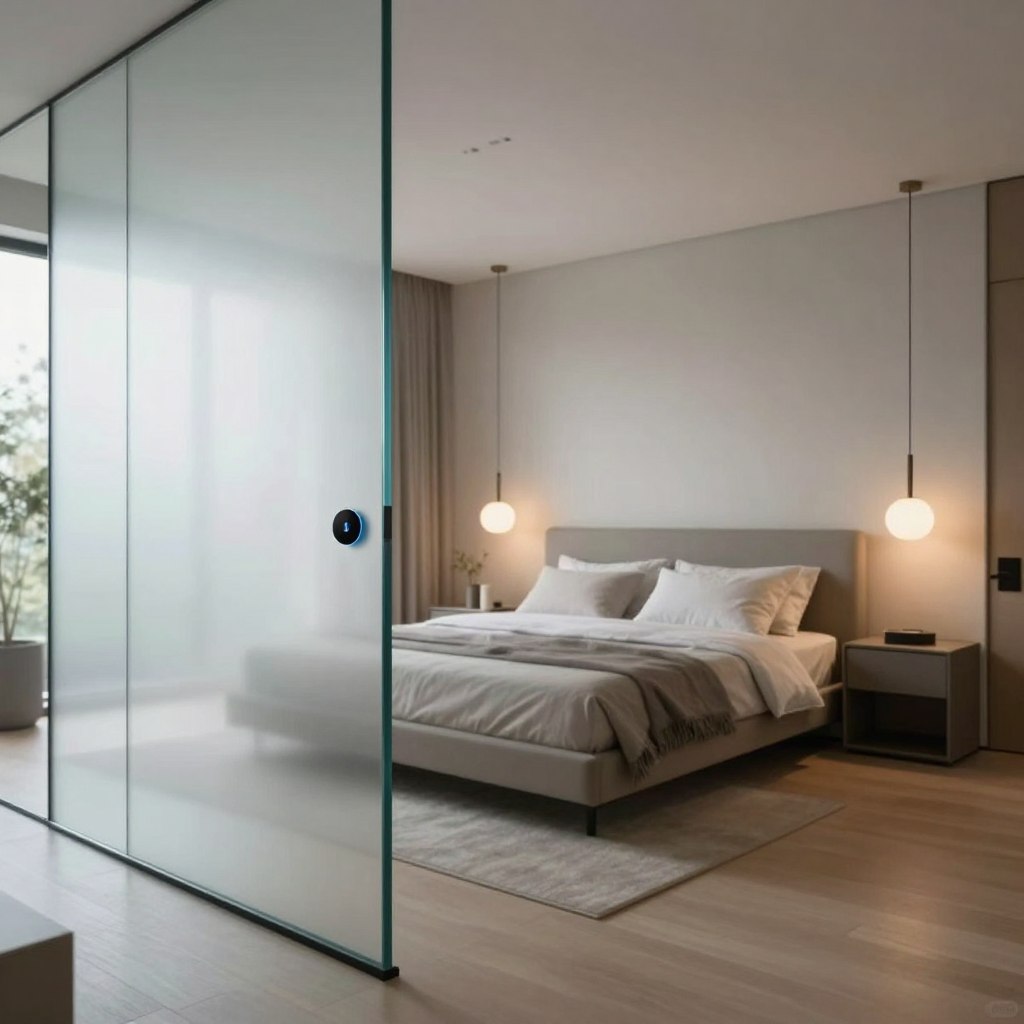 A modern, sleek glass bedroom featuring smart glass technology as a partition. The foreground showcases a frosted section of the glass, seamlessly transitioning from transparent to opaque, creating an elegant barrier. In the middle, a spacious, tastefully designed bedroom with contemporary furniture—think a minimalist platform bed, a stylish nightstand, and a tasteful pendant lamp casting soft, warm light. The background features large windows allowing natural daylight to flood the space, highlighting the cutting-edge technology of the smart glass. The mood is serene and sophisticated, with a focus on privacy and tranquility. The composition is captured from a slight angle to emphasize the juxtaposition of tech and design, with a soft-focus effect on the edges to enhance depth. The overall atmosphere is one of modern luxury and innovation.