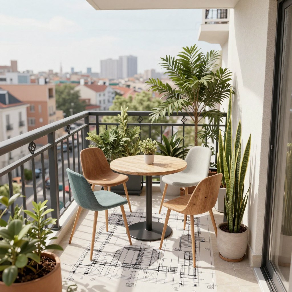 A modern small balcony design blueprint showcasing innovative ideas for a high-end look on a budget. In the foreground, include a detailed layout with geometric shapes representing furniture placements, such as a compact bistro table and stylish chairs, surrounded by potted greenery and vertical planters. The middle layer can feature a subtle railing design with decorative elements, while the background displays a charming cityscape with soft hues, indicating an urban environment. Use natural daylight to create a warm and inviting atmosphere, highlighting textures of materials like wood and metal. The angle should be slightly elevated, providing a clear perspective of the balcony's spatial arrangement and functional design elements, emphasizing a blend of aesthetics and practicality.