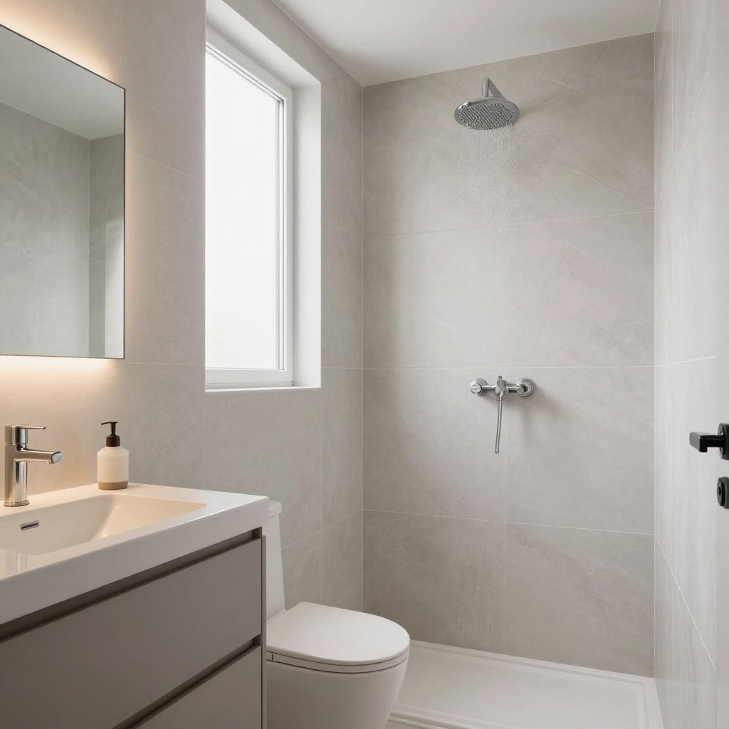 A modern small bathroom design featuring large-format tiles in a sleek and contemporary style. In the foreground, there is a minimalist vanity with clean lines and subtle metallic accents, alongside a silver-framed mirror that reflects the warm ambient lighting. The middle ground showcases the spacious shower area, adorned with large, textured tiles that add depth, while a stylish rainfall showerhead adds a touch of luxury. In the background, soft natural light filters in through a frosted window, illuminating the space and enhancing the neutral color palette of whites and greys. The overall atmosphere conveys tranquility and sophistication, ideal for maximizing small bathroom spaces with thoughtful material selection. The composition is shot from a slightly elevated angle, emphasizing the layout and finishes.