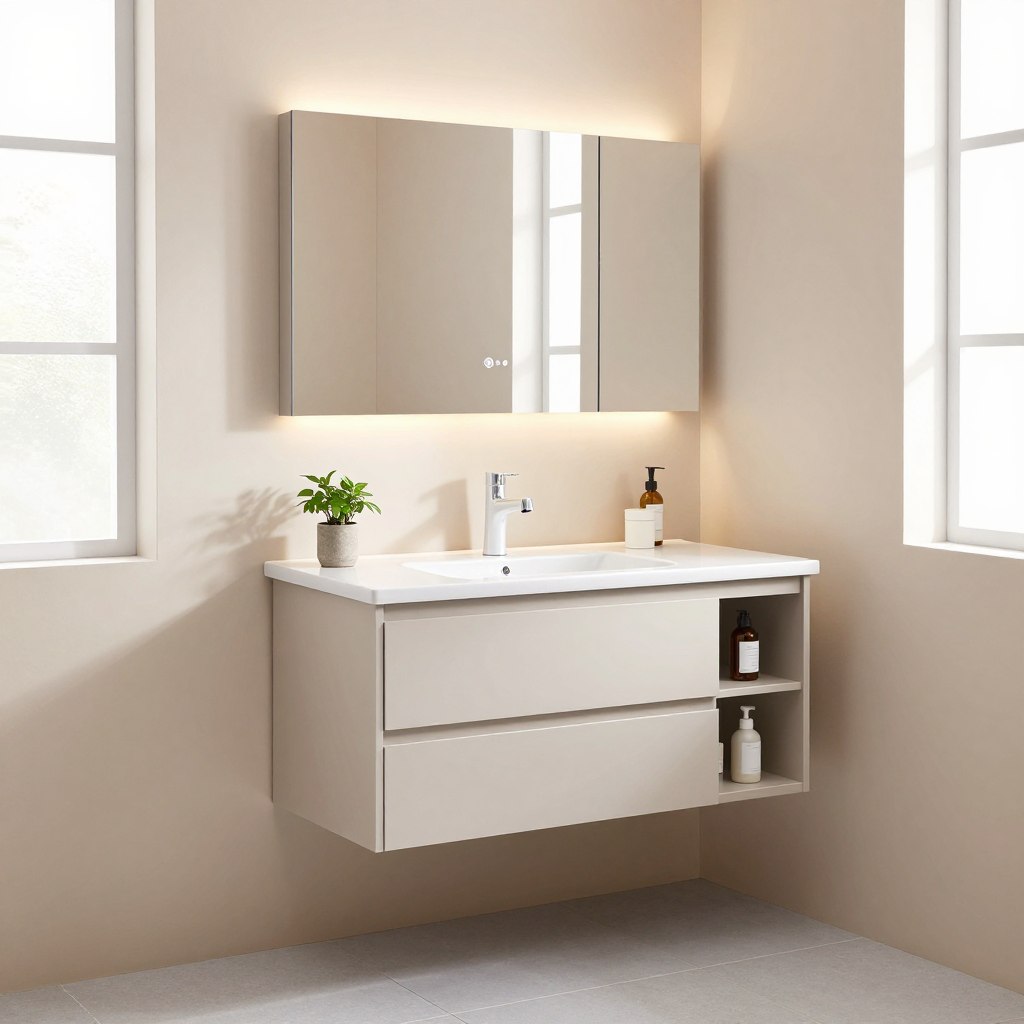 A modern small bathroom featuring a sleek floating vanity with minimalist design elements. In the foreground, the vanity is mounted on the wall, showcasing cleverly integrated storage solutions like pull-out drawers and open shelving for toiletries. The countertop is made of white quartz with a polished finish, adorned with a small potted plant for a touch of greenery. In the middle background, a stylish mirror reflects natural light coming from a frosted window, enhancing the space's brightness. Subtle LED lighting is integrated under the vanity, creating a warm ambiance. The walls are painted in soft pastel colors, and light gray tiles cover the floor. The overall mood is calm and contemporary, designed to maximize the perception of space, providing an inviting atmosphere perfect for a small bathroom.