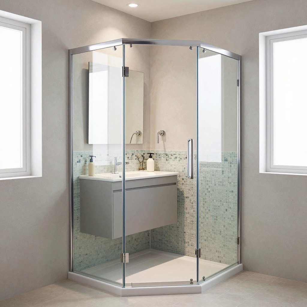 A modern small bathroom featuring a sleek glass shower enclosure as the focal point. In the foreground, the shimmering glass doors reveal a beautifully tiled interior with elegant mosaics. The middle section includes a compact vanity with stylish, minimalist design elements and a large mirror that adds depth. The background showcases soft, neutral walls adorned with subtle textures, giving a sense of openness. Natural light pours in from a frosted window, creating a bright and airy atmosphere. The color palette consists of light greys, soft whites, and touches of pastel accents, enhancing the soothing environment. The scene exudes cleanliness and modernity, ideal for maximizing small spaces. The camera angle is slightly elevated, capturing the overall layout harmoniously. A modern small bathroom featuring a sleek glass shower enclosure as the focal point. In the foreground, the shimmering glass doors reveal a beautifully tiled interior with elegant mosaics. The middle section includes a compact vanity with stylish, minimalist design elements and a large mirror that adds depth. The background showcases soft, neutral walls adorned with subtle textures, giving a sense of openness. Natural light pours in from a frosted window, creating a bright and airy atmosphere. The color palette consists of light greys, soft whites, and touches of pastel accents, enhancing the soothing environment. The scene exudes cleanliness and modernity, ideal for maximizing small spaces. The camera angle is slightly elevated, capturing the overall layout harmoniously.