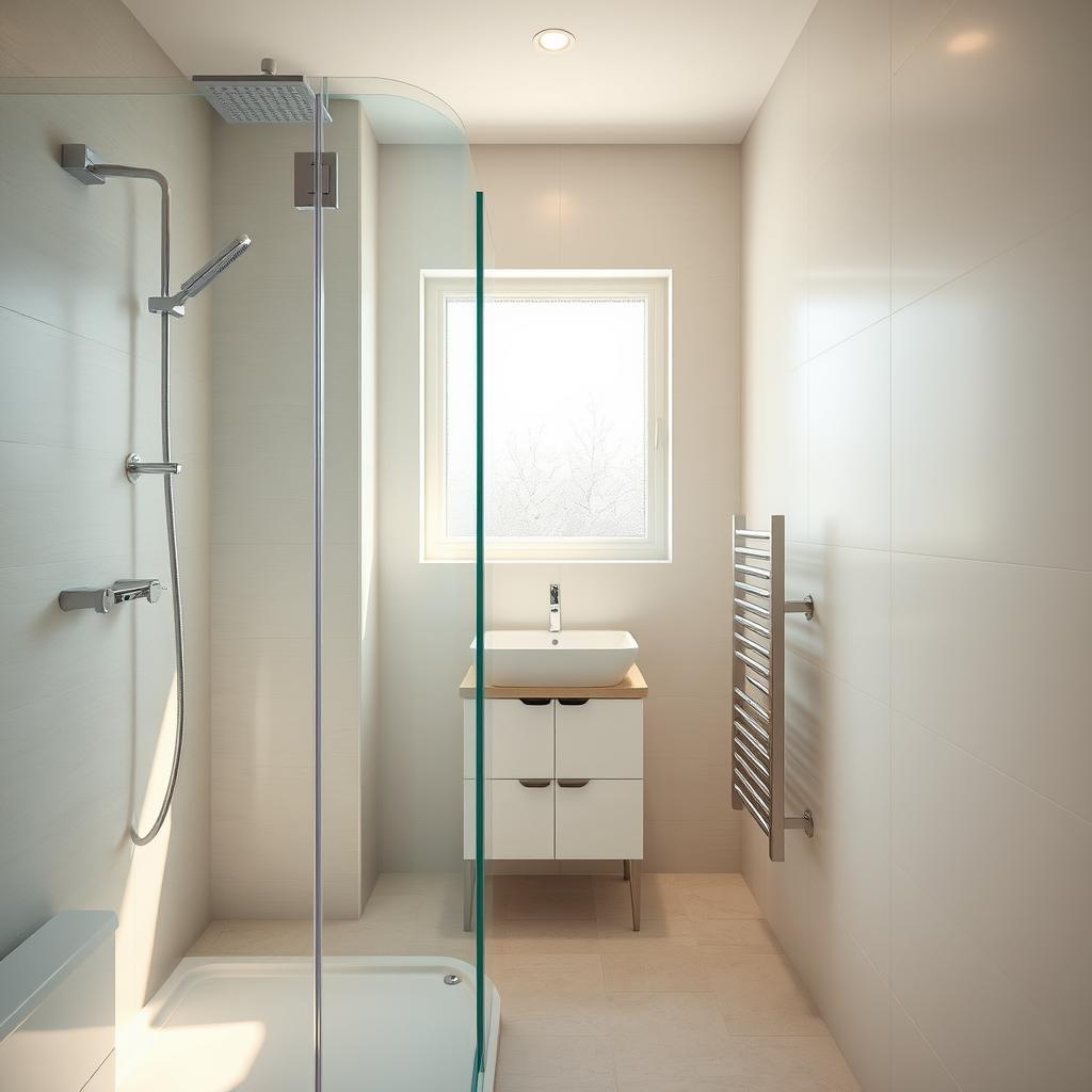 A modern small bathroom featuring a sleek glass shower enclosure, positioned towards the foreground. The shower has minimalist chrome fixtures and a rain showerhead, allowing light to flow through seamlessly. The middle of the scene includes a compact vanity with a stylish sink, surrounded by neutral-toned tiles. The background showcases a frosted window that allows natural daylight to fill the space, enhancing the open feel. Soft, warm lighting highlights the cleanliness and elegance of the design. A framed mirror above the vanity adds depth, creating a serene and sophisticated atmosphere. The overall aesthetic is uncluttered and contemporary, perfect for maximizing a small bathroom's appeal.