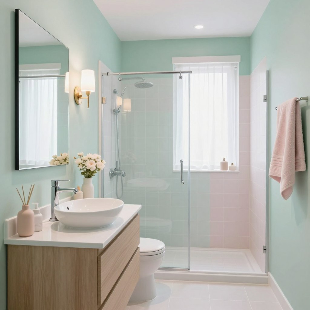 A modern small bathroom featuring soft pastel tones, showcasing a serene atmosphere. In the foreground, a sleek white vanity with a light wood finish sits beautifully, topped with a bowl sink and elegant chrome fixtures. To the left, a large mirror reflects gentle lighting from a stylish wall sconce. The middle ground includes soft mint green walls complemented by blush pink accents, including plush towels and decorative items. A shower stall with clear glass and subtle pastel tiles creates an inviting focal point. The background features a small window with sheer white curtains, diffusing natural light. Capture this scene from a slightly elevated angle, emphasizing spaciousness and tranquility, evoking a feeling of openness and airy freshness in a modern design. A modern small bathroom featuring soft pastel tones, showcasing a serene atmosphere. In the foreground, a sleek white vanity with a light wood finish sits beautifully, topped with a bowl sink and elegant chrome fixtures. To the left, a large mirror reflects gentle lighting from a stylish wall sconce. The middle ground includes soft mint green walls complemented by blush pink accents, including plush towels and decorative items. A shower stall with clear glass and subtle pastel tiles creates an inviting focal point. The background features a small window with sheer white curtains, diffusing natural light. Capture this scene from a slightly elevated angle, emphasizing spaciousness and tranquility, evoking a feeling of openness and airy freshness in a modern design.