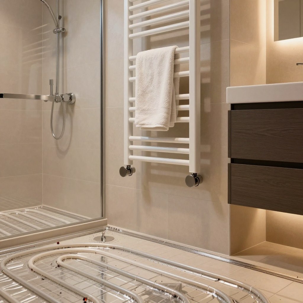 A modern small guest bathroom featuring an underfloor heating system, elegantly designed with sleek tiles and luxurious textures. In the foreground, intricate details of the underfloor heating pipes are subtly visible beneath a warm beige tile, showcasing advanced technology. The middle section highlights a stylish towel warmer mounted on the wall beside a plush, folded towel, adding a touch of comfort. Soft, ambient lighting creates a cozy atmosphere, illuminating the space with a gentle glow. The background includes a minimalistic mirror and elegant fixtures, enhancing the chic modern vibe of the room. The overall mood is inviting and serene, emphasizing smart solutions in contemporary design. Capture this scene in a high-resolution, slightly angled shot to emphasize depth and detail. A modern small guest bathroom featuring an underfloor heating system, elegantly designed with sleek tiles and luxurious textures. In the foreground, intricate details of the underfloor heating pipes are subtly visible beneath a warm beige tile, showcasing advanced technology. The middle section highlights a stylish towel warmer mounted on the wall beside a plush, folded towel, adding a touch of comfort. Soft, ambient lighting creates a cozy atmosphere, illuminating the space with a gentle glow. The background includes a minimalistic mirror and elegant fixtures, enhancing the chic modern vibe of the room. The overall mood is inviting and serene, emphasizing smart solutions in contemporary design. Capture this scene in a high-resolution, slightly angled shot to emphasize depth and detail.