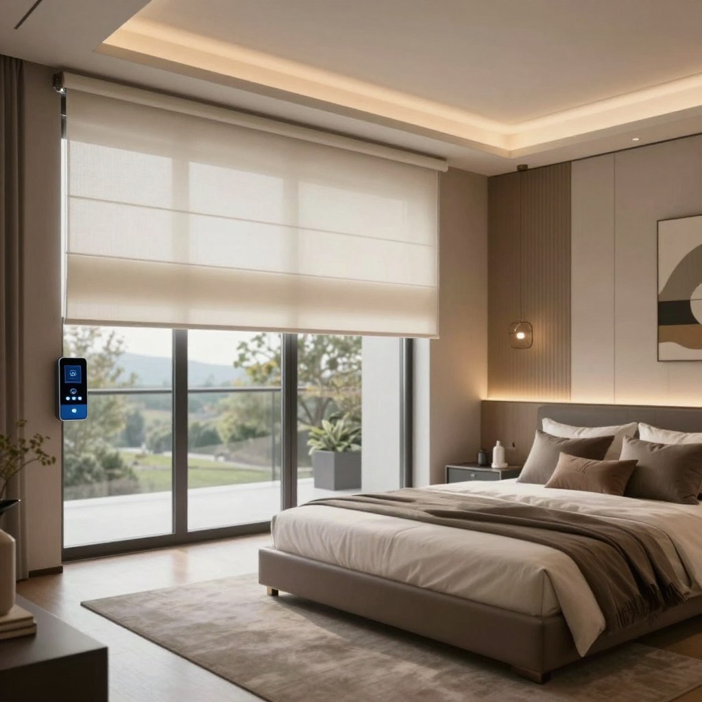 A modern smart home interior showcasing stylish smart blinds and shades in a contemporary bedroom. In the foreground, focus on sleek, automated roller shades with a minimalist design, featuring smart technology seamlessly integrated into the window frame. The middle ground highlights elegant furniture—a neatly made bed with decorative pillows, a chic nightstand, and subtle ambient lighting that creates a cozy atmosphere. The background reveals expansive glass windows with a view of a serene outdoor landscape, ensuring privacy yet allowing natural light to filter through the smart blinds. Use warm, soft lighting to evoke a tranquil mood, and capture the scene from a slightly angled perspective that emphasizes the blend of technology and modern design. Ensure the image is free of any text or branding.