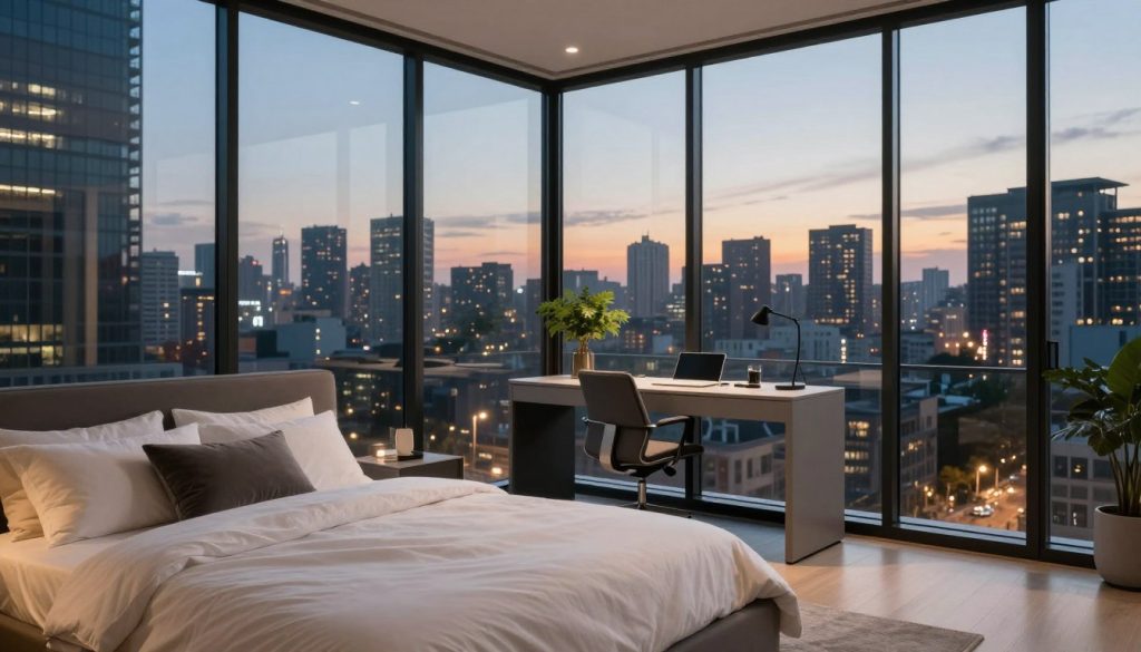 A modern urban glass cube bedroom designed in a sleek apartment setting. The foreground features a minimalist bed with a plush white duvet and stylish pillows, framed by large glass walls that reflect city lights. In the middle, a compact workspace with a contemporary desk and ergonomic chair, showcasing a small indoor plant for a touch of greenery. The background reveals a panoramic view of the city skyline at dusk, illuminated by warm street lights and a fading sunset. Soft ambient lighting fills the space, enhancing the bright and open atmosphere. The overall mood is tranquil and sophisticated, emphasizing the harmony between urban living and design elegance.