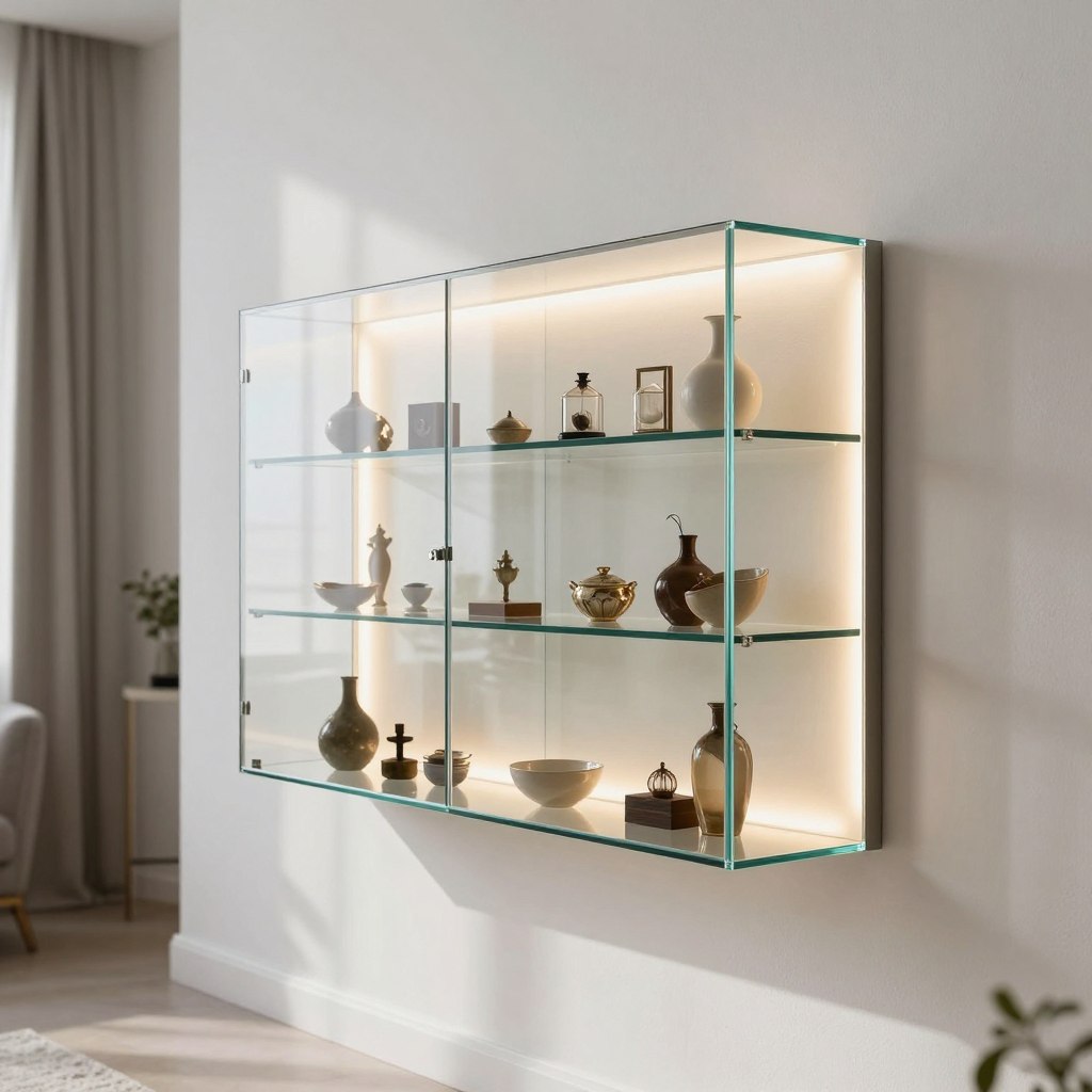 A modern wall-mounted floating glass display cabinet elegantly showcases a minimalist design, featuring sleek tempered glass shelves that are illuminated by soft, warm LED lights. The cabinet is affixed to a smooth white wall adorned with subtle decor accents in muted tones, creating a serene atmosphere. The foreground highlights the cabinet’s transparent structure, allowing intricate collectibles and tasteful ornaments to be seen from multiple angles. In the middle ground, the wall’s understated texture adds depth, while the background remains softly blurred, emphasizing the cabinet as the focal point. Natural light filters in from a nearby window, casting gentle shadows that enhance the glass’s clarity and enhance the cabinet’s contemporary aesthetic. The overall mood is sophisticated and inviting, perfect for a stylish living room.