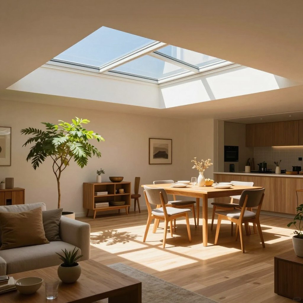 A modern, well-designed room with a large fixed skylight allowing natural light to flood in, illuminating the space with warm, golden hues. In the foreground, a cozy seating area with stylish furniture, perhaps a small indoor plant basking in the sunlight. The middle ground features a wooden dining table set for a meal, reflecting subtle shadows from the skylight. Soft sunlight dapples the floor, creating a welcoming atmosphere. In the background, a clear blue sky is visible through the skylight, enhancing the sense of openness. Use a wide-angle lens to emphasize the spaciousness, with soft focus on details. The mood is bright, airy, and inviting, capturing the value of natural light and air in a home.