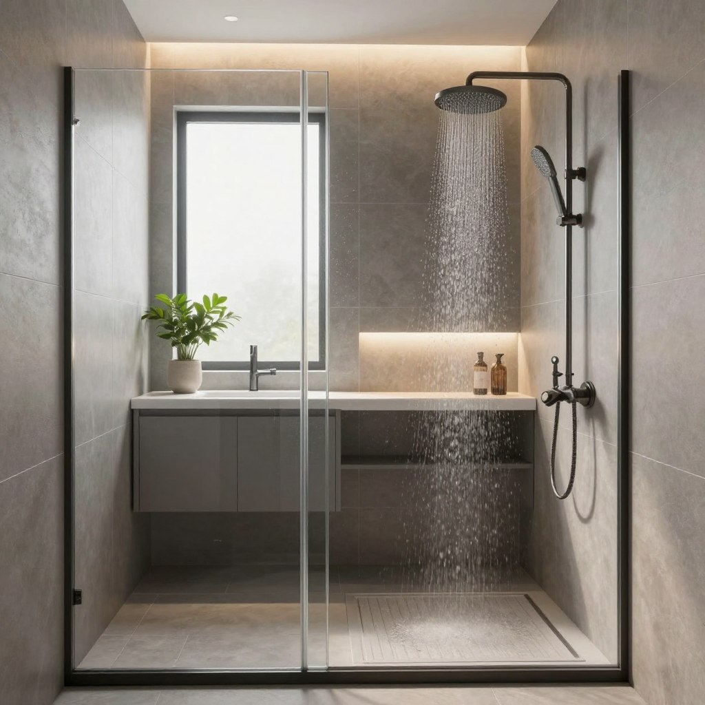 A modern wet room design for a small bathroom, showcasing a compact yet elegant layout. In the foreground, a stylish shower area with clear glass panels, featuring sleek, gray tiles and a rainfall showerhead. The middle section includes a floating vanity with a minimalist sink, adorned with potted greenery to bring life to the space. The background reveals a frosted window, allowing soft natural light to filter in, enhancing the fresh, open atmosphere. The lighting is warm and inviting, with subtle accent lights highlighting the design features. The overall mood is contemporary and serene, ideal for maximizing functionality while maintaining aesthetic appeal. No human figures are present in the scene. A modern wet room design for a small bathroom, showcasing a compact yet elegant layout. In the foreground, a stylish shower area with clear glass panels, featuring sleek, gray tiles and a rainfall showerhead. The middle section includes a floating vanity with a minimalist sink, adorned with potted greenery to bring life to the space. The background reveals a frosted window, allowing soft natural light to filter in, enhancing the fresh, open atmosphere. The lighting is warm and inviting, with subtle accent lights highlighting the design features. The overall mood is contemporary and serene, ideal for maximizing functionality while maintaining aesthetic appeal. No human figures are present in the scene.