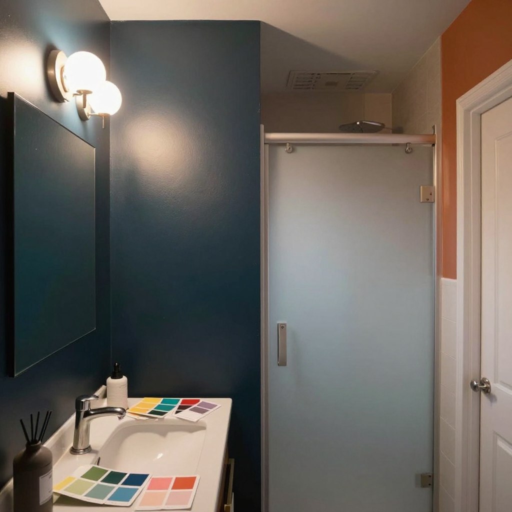 A modern windowless bathroom showcasing common mistakes in paint color choices. Foreground features a small vanity with mismatched paint swatches strewn across, conveying indecision. In the middle, the walls are painted in overly dark and vibrant colors that create a cramped and unwelcoming atmosphere, juxtaposed with a poorly chosen light fixture casting harsh shadows. The background comprises a frosted glass shower door and minimalistic decor lacking design cohesion. Use soft, overhead lighting to illuminate the space, emphasizing the shortcomings of the color palette. The overall mood should feel constricted and confusing, illustrating the pitfalls of poor color selection in a windowless setting, highlighting how it can detract from the intended vibrancy and cheerfulness of a bathroom. A modern windowless bathroom showcasing common mistakes in paint color choices. Foreground features a small vanity with mismatched paint swatches strewn across, conveying indecision. In the middle, the walls are painted in overly dark and vibrant colors that create a cramped and unwelcoming atmosphere, juxtaposed with a poorly chosen light fixture casting harsh shadows. The background comprises a frosted glass shower door and minimalistic decor lacking design cohesion. Use soft, overhead lighting to illuminate the space, emphasizing the shortcomings of the color palette. The overall mood should feel constricted and confusing, illustrating the pitfalls of poor color selection in a windowless setting, highlighting how it can detract from the intended vibrancy and cheerfulness of a bathroom.