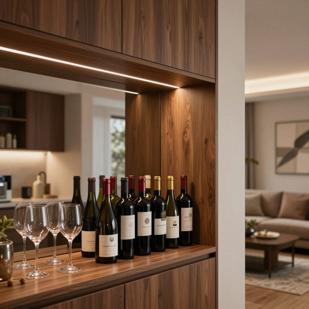A modern wine cabinet is elegantly integrated into a built-in wall niche within a cozy living room. The foreground features neatly arranged wine bottles, displaying a variety of labels, alongside stylish wine glasses resting on a polished wooden shelf. The middle ground reveals a sleek, minimalist design with dark wood cabinetry and soft ambient lighting highlighting the bottles. In the background, the living room boasts a tasteful décor, with a plush sofa and decorative elements. The scene captures a warm and inviting atmosphere, perfect for entertaining. The image is set in warm, soft lighting to create an intimate mood, with a slight focus blur on the background for depth. The angle is from a slightly elevated viewpoint, emphasizing the wine display as the central focal point.