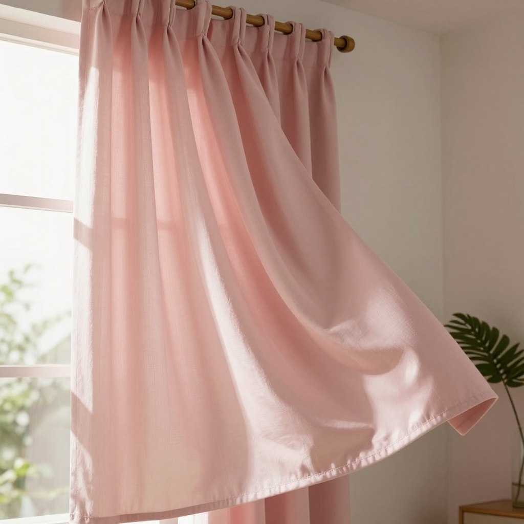 A pair of elegant blush pink curtains gracefully drape from a wooden curtain rod, their soft fabric flowing gently as if caught in a light breeze. The curtains are illuminated by warm, diffused sunlight streaming through a nearby window, creating a cozy and inviting atmosphere in the room. In the foreground, the delicate texture of the fabric is highlighted, showcasing subtle folds and a hint of sheen. The middle ground features a light, neutral wall, enhancing the softness of the curtains while providing a backdrop that complements various living room color schemes. In the background, a hint of greenery from houseplants can be seen, adding to the serene and tranquil vibe of the space. The overall mood is warm, inviting, and stylish, perfect for a modern living room.