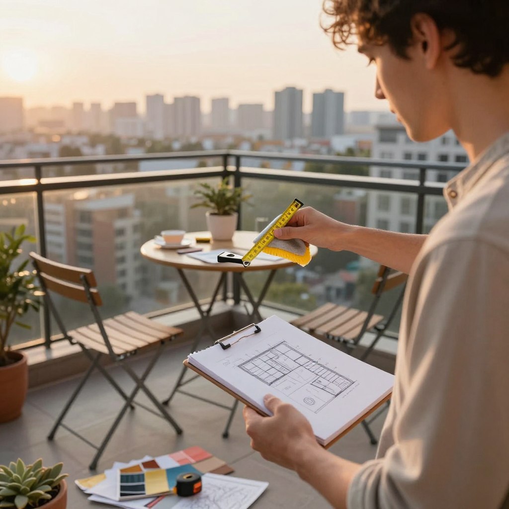 A person in modest casual clothing, intently cleaning and measuring a small balcony, surrounded by tools and measuring tape. The foreground features the individual holding a notepad with sketches for a new layout, showcasing a thoughtful expression. In the middle, a compact table and chairs are partially assembled, with swatches of fabric and decor items scattered around, hinting at a stylish yet budget-friendly makeover. The background shows a scenic city skyline during golden hour, soft sunlight casting warm tones over the space. The atmosphere is focused and creative, reflecting the exciting planning stage of a balcony renovation, emphasizing the potential for a high-end look in a small area.
