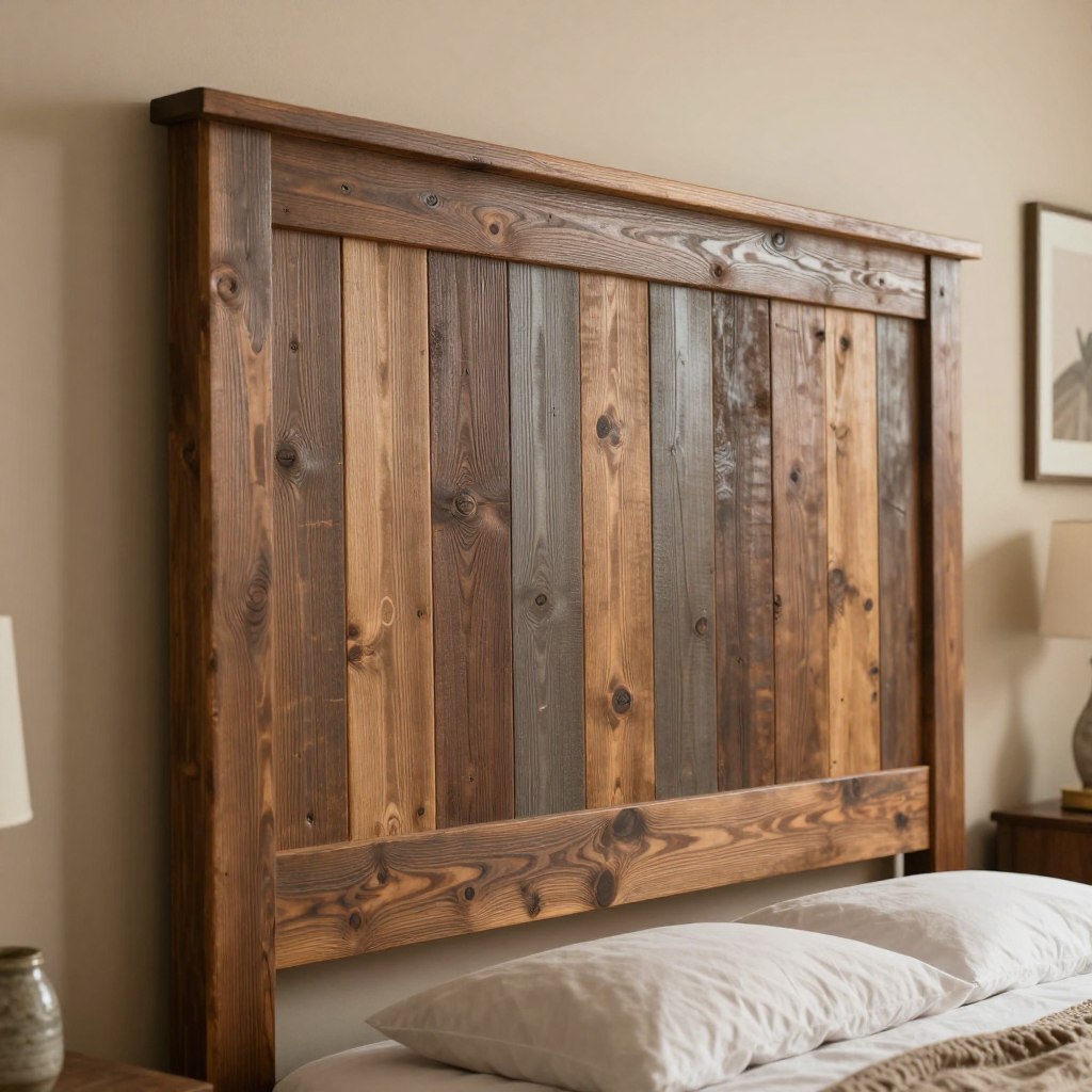 A rustic headboard made from reclaimed barn wood planks, showcasing a variety of rich, textured grain patterns and earthy hues of brown and gray. The headboard is elegantly positioned against a softly painted wall in warm beige, highlighting its natural charm. In the foreground, soft, diffused lighting enhances the wood's rustic character and texture, casting gentle shadows. The view is captured at a slight angle to emphasize the depth of the planks, creating a cozy and inviting atmosphere. The background features a hint of a well-furnished bedroom, with tasteful decor that complements the headboard, evoking a sense of warmth and tranquility in the space.