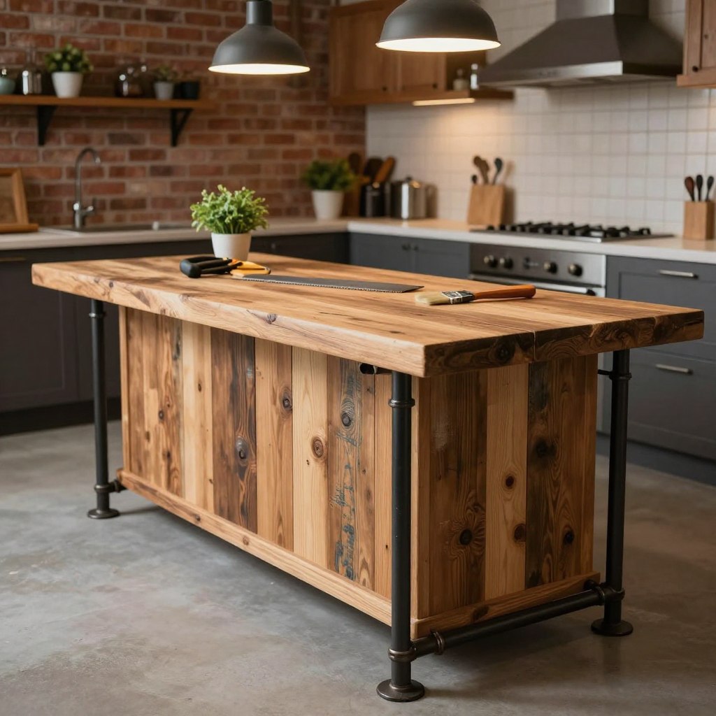 A rustic-industrial kitchen island project made from reclaimed wood, featuring a sturdy design supported by metal pipes. The foreground showcases the island, highlighting its natural wood grains and textures with a distressed finish, complemented by black steel piping for an industrial touch. In the middle ground, tools such as a saw and paintbrush suggest an active DIY project, while small potted herbs add a pop of green. The background features a cozy kitchen environment with exposed brick walls and warm pendant lighting, creating an inviting atmosphere. The image is captured with a wide-angle lens to emphasize the scale and style of the island, with soft, diffused lighting that enhances the textures and colors, evoking a sense of craftsmanship and creativity. A rustic-industrial kitchen island project made from reclaimed wood, featuring a sturdy design supported by metal pipes. The foreground showcases the island, highlighting its natural wood grains and textures with a distressed finish, complemented by black steel piping for an industrial touch. In the middle ground, tools such as a saw and paintbrush suggest an active DIY project, while small potted herbs add a pop of green. The background features a cozy kitchen environment with exposed brick walls and warm pendant lighting, creating an inviting atmosphere. The image is captured with a wide-angle lens to emphasize the scale and style of the island, with soft, diffused lighting that enhances the textures and colors, evoking a sense of craftsmanship and creativity.