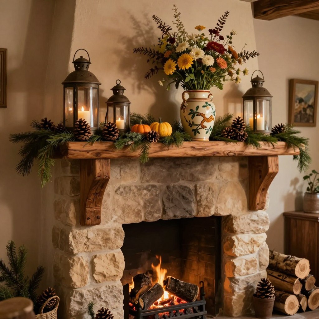 A rustic living room mantle decorated with natural elements. In the foreground, a wooden mantle adorned with carefully arranged seasonal decorations, featuring pinecones, small pumpkins, and evergreen sprigs. The middle section showcases a pair of vintage lanterns and a hand-painted ceramic vase filled with fresh flowers, creating a warm focal point. In the background, a cozy fireplace with a stone facade, softly glowing embers, and a few stacked logs enhances the inviting atmosphere. The scene is illuminated by warm, ambient lighting, casting gentle shadows that evoke a sense of comfort and timelessness. The angle captures the mantle head-on, inviting viewers to appreciate the curated simplicity and seasonal charm of this rustic decor.