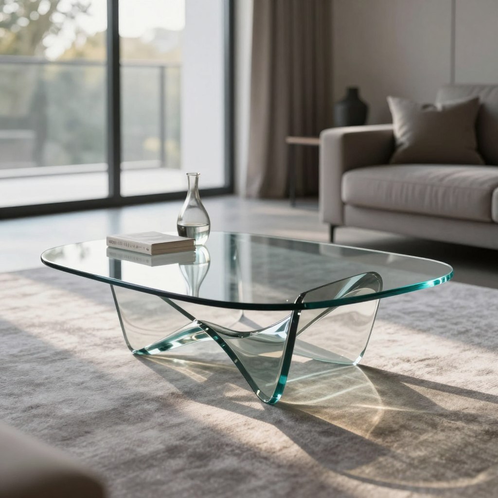 A sculptural glass coffee table as a statement piece, showcasing a unique, fluid design with elegant curves and sharp angles, reflecting light in captivating ways. The table is positioned prominently in a modern, minimalist living room, surrounded by a soft grey area rug. In the foreground, the glass table catches bright, warm sunlight filtering through large, floor-to-ceiling windows, creating intriguing shadows and highlights. The middle ground contains a subtle arrangement of decorative elements, like a sleek vase and a couple of art books, enhancing the scene's sophistication. In the background, a chic, muted color palette complements the overall atmosphere, exuding calm and elegance. Capture the image with a shallow depth of field to emphasize the table while maintaining a soft blur on the surroundings, evoking a serene and contemporary mood.