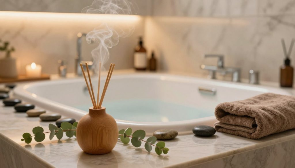 A serene and inviting spa bathroom featuring eucalyptus elements for an upscale hotel experience. In the foreground, a stylish wooden diffuser emits gentle wisps of eucalyptus mist, with delicate green leaves scattered around it. The middle ground showcases a luxurious soaking tub surrounded by smooth stones and soft towels in earthy tones, promoting a calming atmosphere. The background features elegant marble walls, softly lit by warm ambient lighting, creating a soothing glow. The angle is slightly elevated, offering a panoramic view that captures the entire relaxing scene, evoking freshness and tranquility. The mood is serene and revitalizing, inviting viewers to imagine a spa-like retreat in their own home.