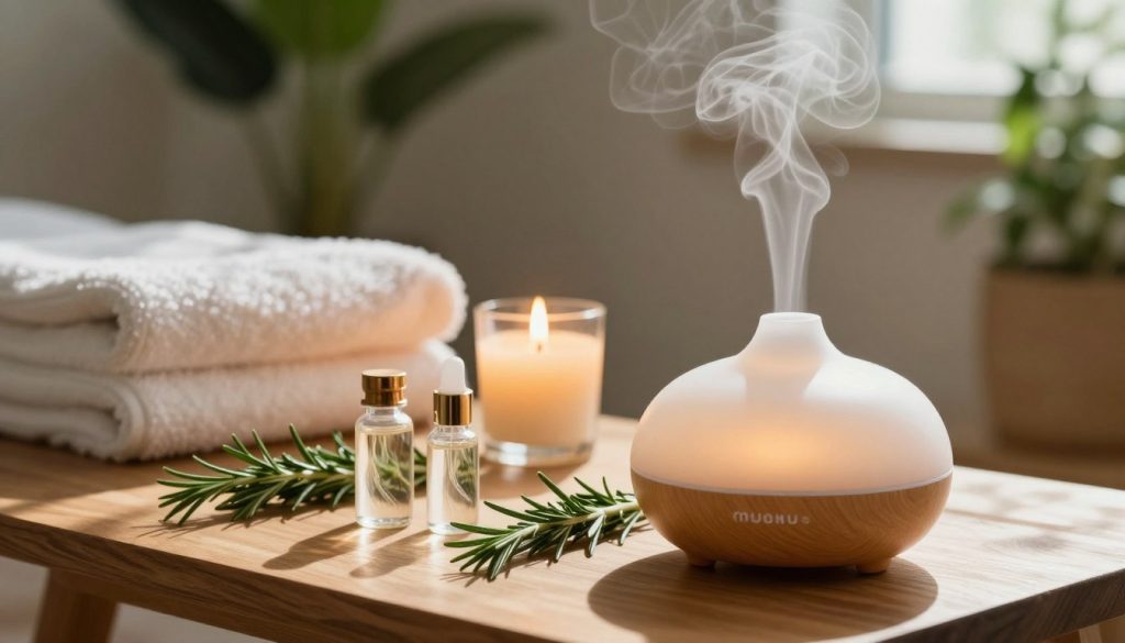 A serene aromatherapy setting focused on rosemary as the centerpiece. In the foreground, a stylishly arranged wooden table holds a sleek, modern diffuser emitting gentle wisps of fragrant steam. Fresh rosemary sprigs are artfully placed beside delicate, crystal-clear essential oil bottles. In the middle, a plush, calming atmosphere is created with soft towels and a candle flickering with warm light, enhancing the ambiance. The background features a lush indoor plant softly blurred, embodying tranquility. Dappled sunlight filters through a window, casting gentle shadows that evoke a sense of relaxation. The overall mood is soothing and elegant, perfect for a 5-star hotel bathroom feel conducive to relaxation and rejuvenation.