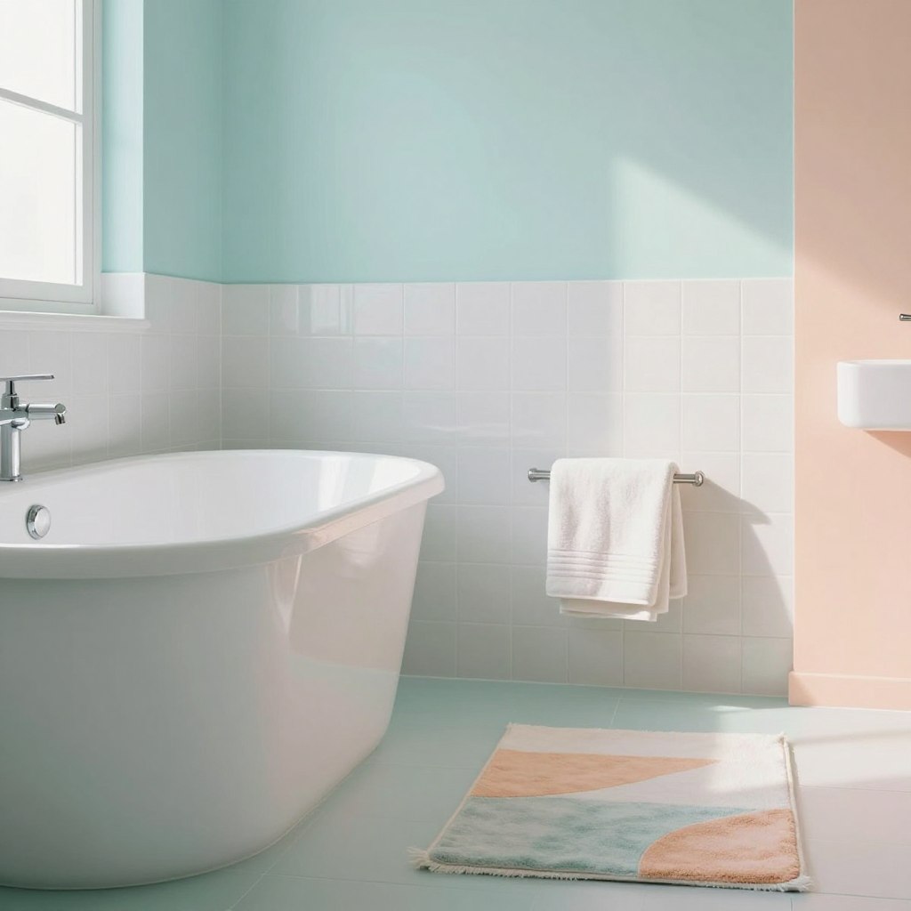 A serene bathroom interior featuring a harmonious blend of color schemes that convey psychological effects. In the foreground, a sleek white bathtub surrounded by soft pastel-colored walls, such as calming blues and tranquil greens, complemented by subtle peach accents to evoke warmth. In the middle, elegant accessories like towels and a stylish rug enhance the atmosphere with complementary hues that promote relaxation. The background showcases subtly patterned white tiles that reflect light, creating a bright and airy space. Soft natural lighting filters through a frosted window, casting gentle shadows that add depth. The overall mood is tranquil and inviting, perfect for illustrating the influence of color in bathroom design, emphasizing psychological well-being and comfort. A serene bathroom interior featuring a harmonious blend of color schemes that convey psychological effects. In the foreground, a sleek white bathtub surrounded by soft pastel-colored walls, such as calming blues and tranquil greens, complemented by subtle peach accents to evoke warmth. In the middle, elegant accessories like towels and a stylish rug enhance the atmosphere with complementary hues that promote relaxation. The background showcases subtly patterned white tiles that reflect light, creating a bright and airy space. Soft natural lighting filters through a frosted window, casting gentle shadows that add depth. The overall mood is tranquil and inviting, perfect for illustrating the influence of color in bathroom design, emphasizing psychological well-being and comfort.