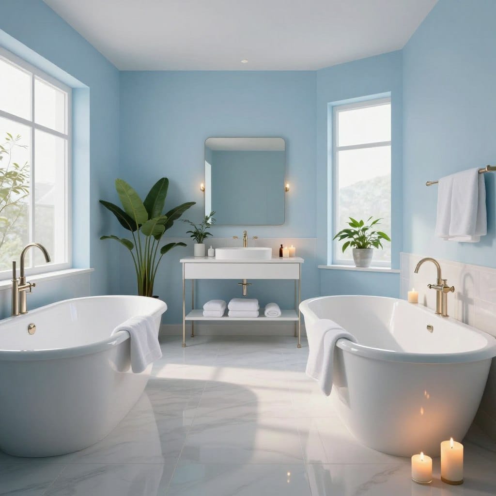 A serene bathroom painted in pale sky blue, reflecting the tranquility of a spa atmosphere. In the foreground, a luxurious freestanding bathtub with soft white towels draped nearby, complemented by delicate candles releasing a warm, inviting glow. The middle features a sleek vanity with a stylish mirror, surrounded by houseplants that add a touch of nature. The background showcases a large window allowing natural light to flood the space, enhancing the calming blue tones of the walls. The floor is adorned with smooth, light-colored tiles, creating a cohesive look. Soft shadows dance across the scene, illuminating the peaceful ambiance and inviting relaxation. The photograph is captured with a wide-angle lens, providing a spacious, airy feel.