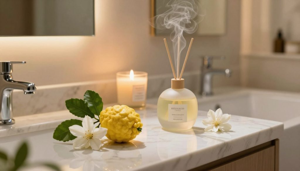 A serene bathroom sanctuary adorned with bergamot citrus elements, showcasing the elegance of this uplifting fragrance. In the foreground, a luxurious marble countertop displays a polished bergamot fruit, surrounded by delicate white flowers and green foliage, casting a refreshing ambiance. The middle ground features a stylish candle and a beautifully crafted diffuser, allowing soft wisps of citrus-scented steam to rise in the air. The background reveals a calming, spa-like atmosphere with soft, golden lighting filtering through sheer curtains, illuminating the space. The overall mood evokes tranquility and sophistication, inviting relaxation and luxury. The angle captures the inviting space from a slightly elevated perspective, emphasizing the elegance of the sanctuary.