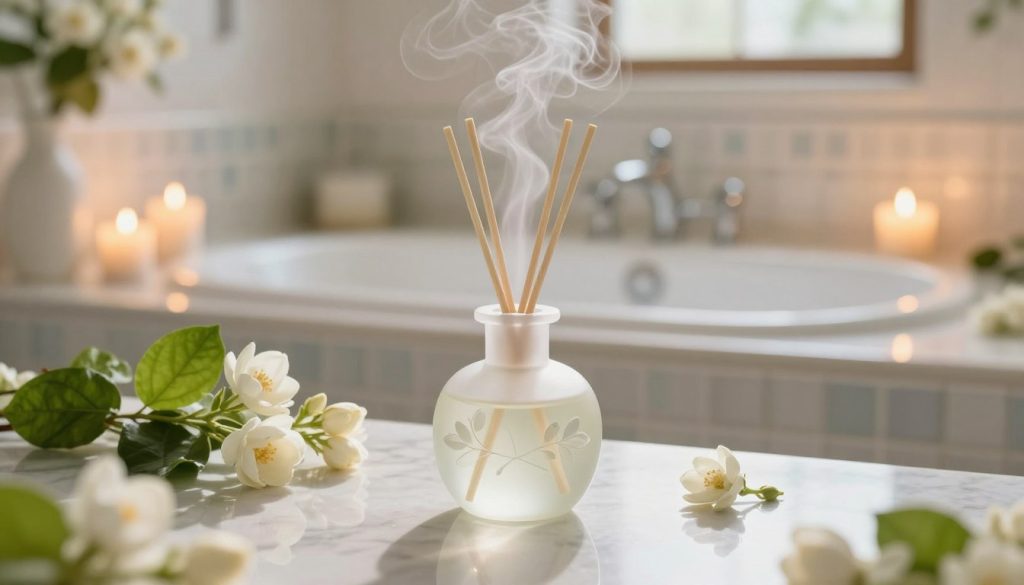 A serene bathroom scene featuring a jasmine diffuser, elegantly structured in the foreground. The diffuser, made of frosted glass with a delicate design, emits gentle wisps of steam infused with jasmine fragrance. Surrounding it are fresh jasmine flowers and lush greenery, creating a calming atmosphere. In the middle ground, a luxurious marble countertop reflects soft, warm lighting that enhances the tranquility. The background showcases a beautifully tiled bathtub with candles lit on the edges, casting a soft glow throughout the space. The color palette consists of soft whites, light greens, and subtle creams, evoking an exotic and sensual vibe. The entire scene should be bathed in natural light, with a hint of golden hour warmth, creating an inviting and luxurious bathroom sanctuary.